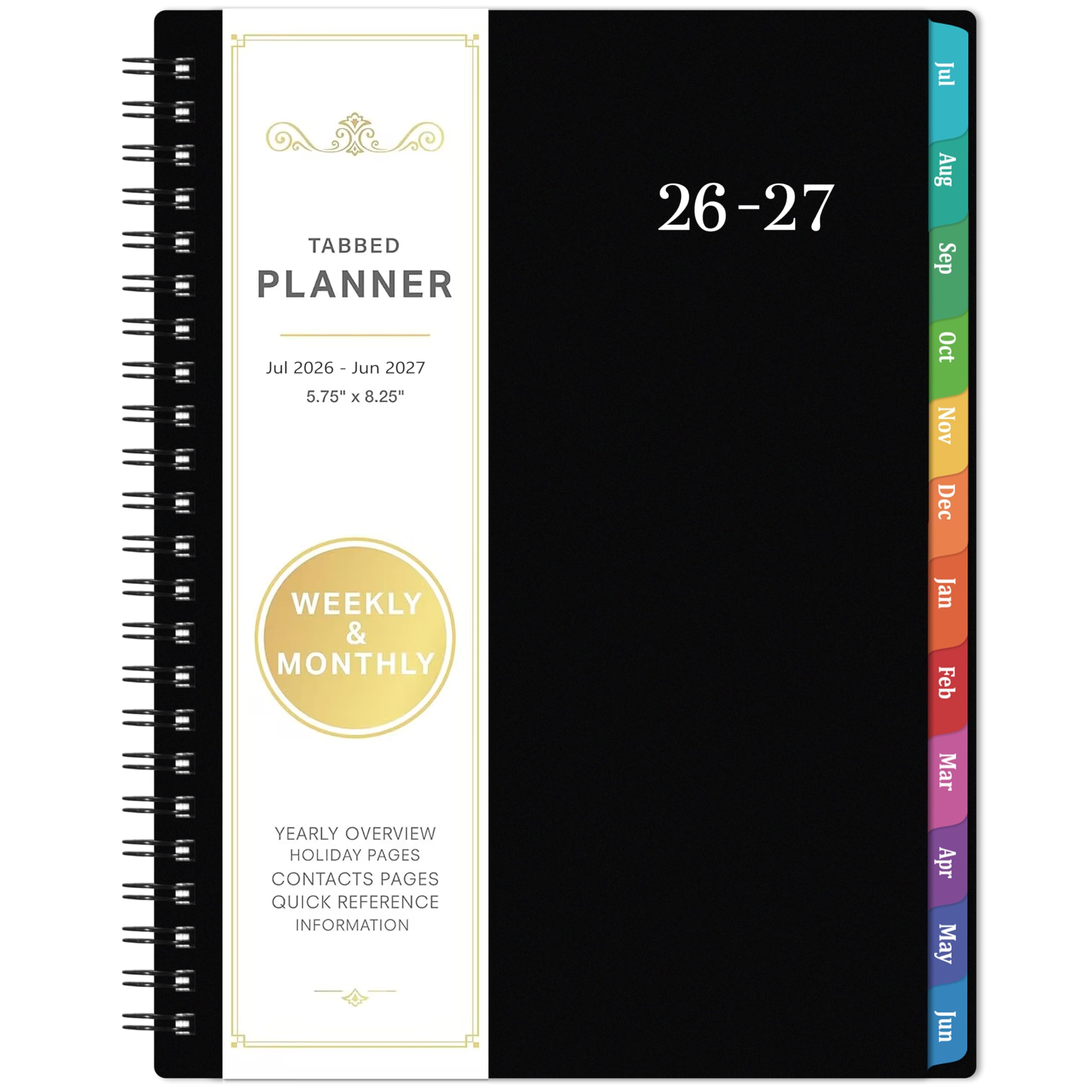 Planner 2026-2027 - Academic Planner 2026-2027, July 2026 - June 2027, 6.3" x 8.4", 26-27 Planner Weekly and Monthly, Colorful Tabs, PP Cover, A5 Thick Paper, Twin-Wire Binding - Black