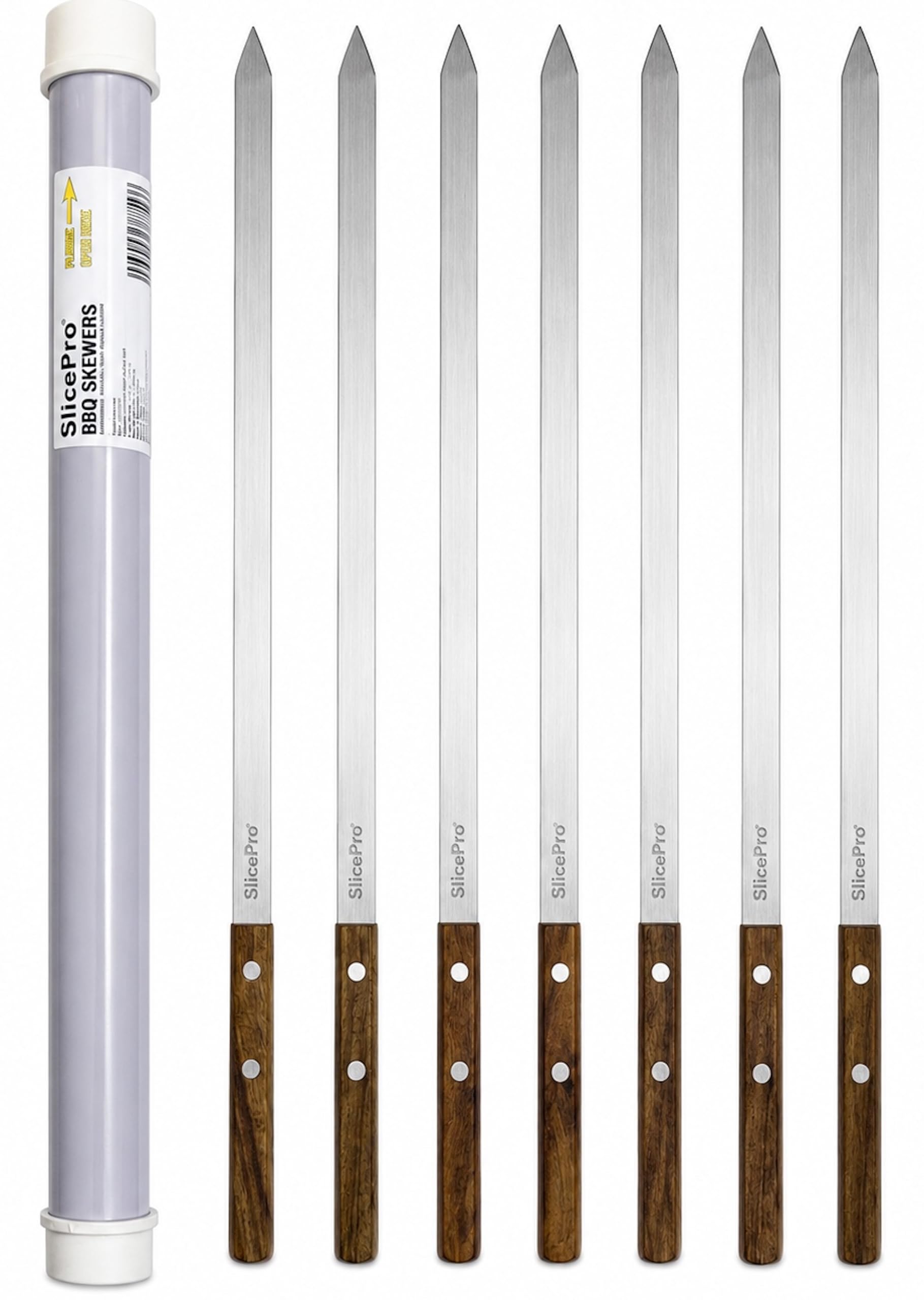 61 cm Long X 1.6 cm Wide X 2mm Thick Flat Metal Barbecue Skewers, Pack of 6 Heavy Duty Stainless Steel Skewers with Wooden Handles. Rust Resistant Reusable Grill Skewers in Storage Tube. BBQ Tool.
