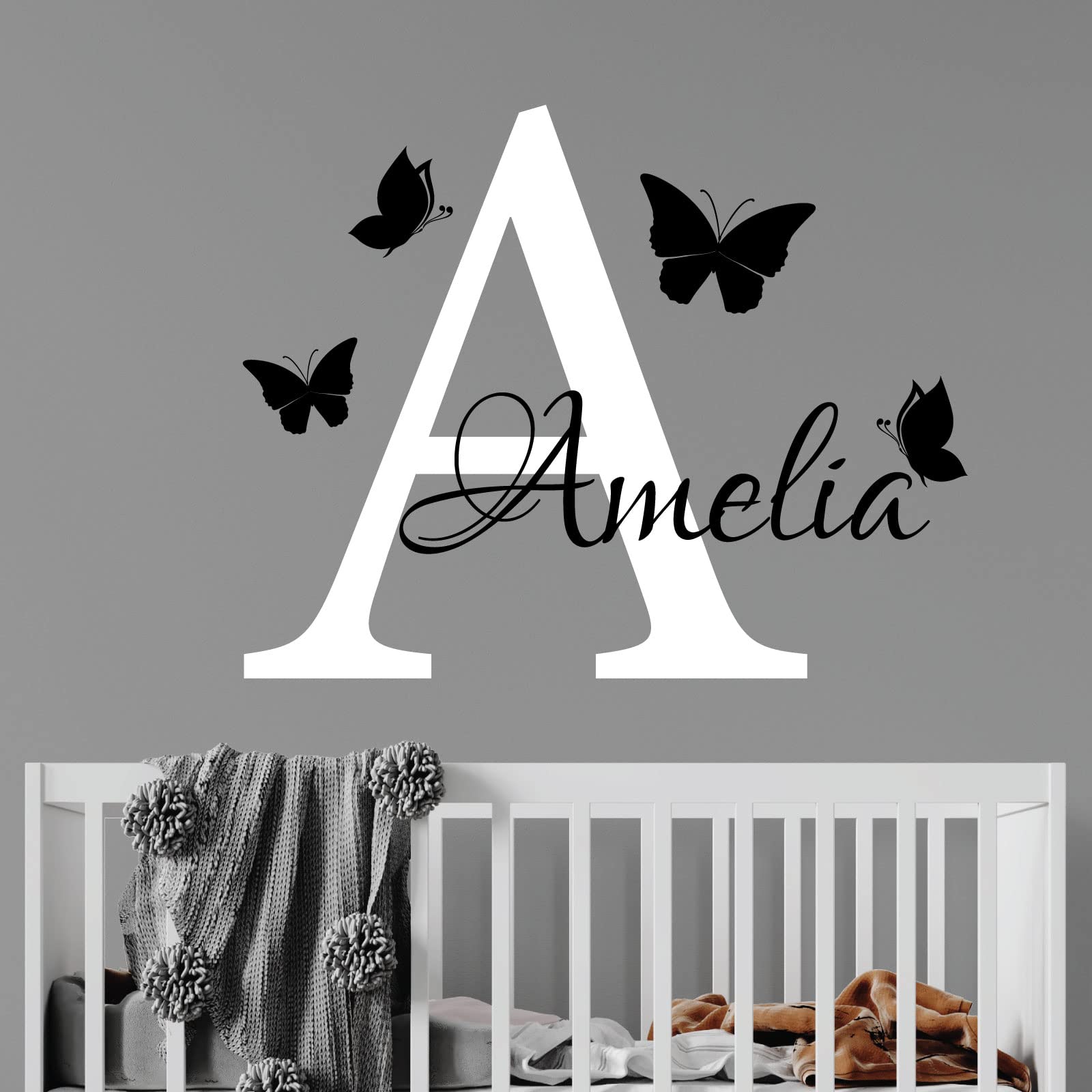 Personalised Name - Initial Letter and Butterflies - Baby Nursery Vinyl Wall Decal Sticker [Large] [White] — image 1