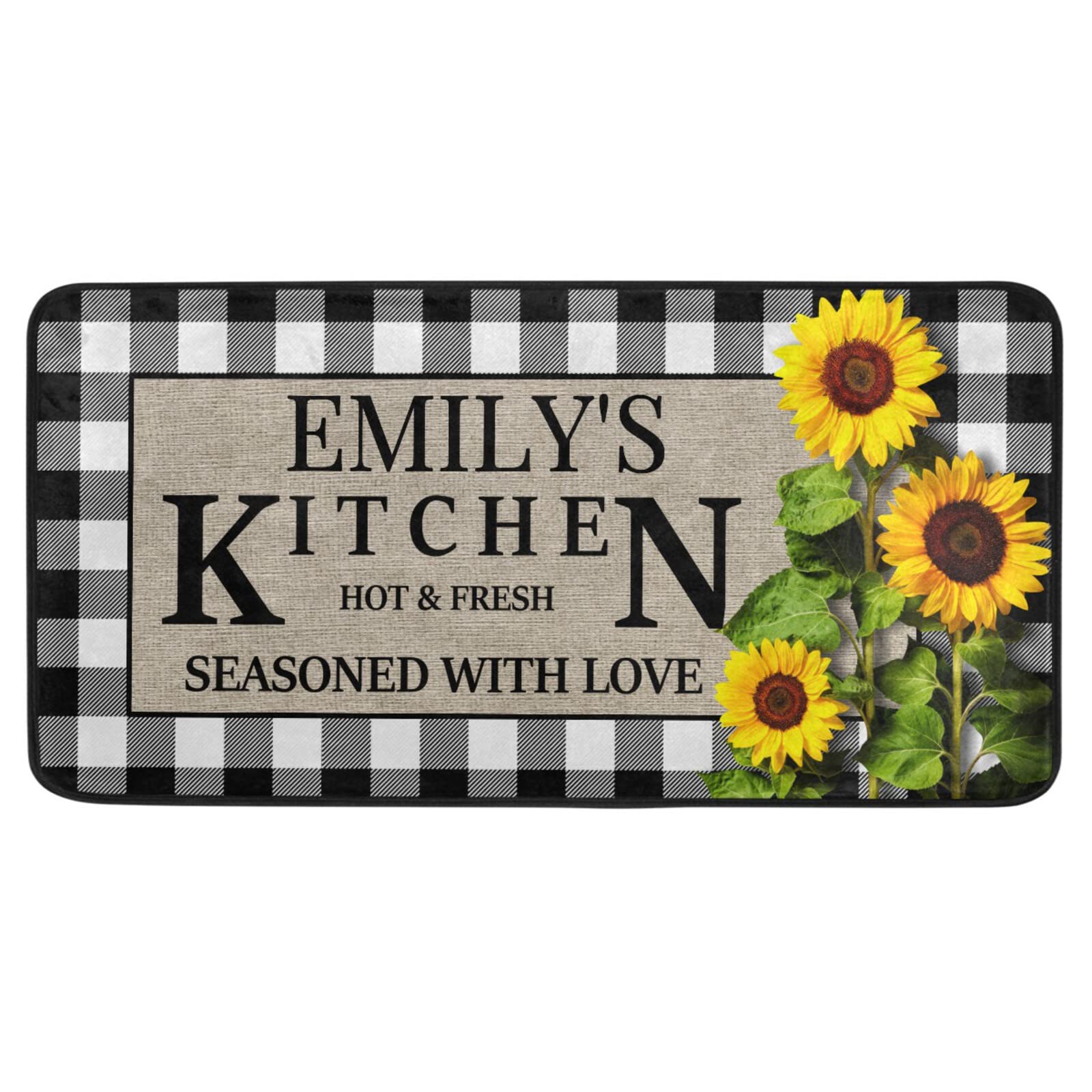 White Buffalo Plaid Custom Kitchen Rugs Non Slip Sunflower Kitchen Floor Mats Cushioned Personalized Farmhouse Kitchen Mats and Rugs Anti Fatigue Mats for Standing Laundry Room Home Decor - 39x20 IN