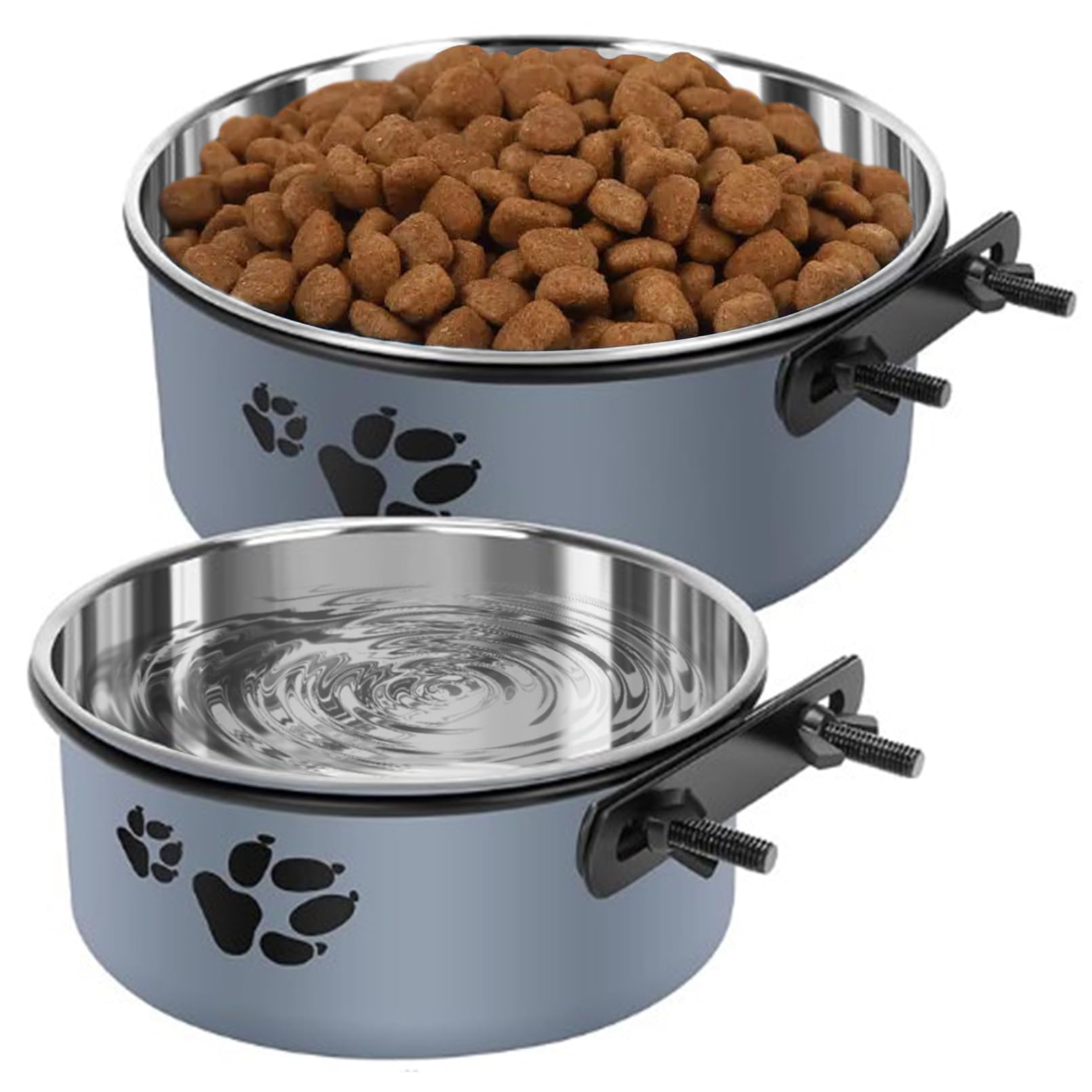 kathson 2 Pcs Dog Kennel Water Bowl, Stainless Steel Crate Water Bowl No Spill, Hanging Metal Pet Food Water Bowl Feeder for Cats Small Medium Dogs (Gray)