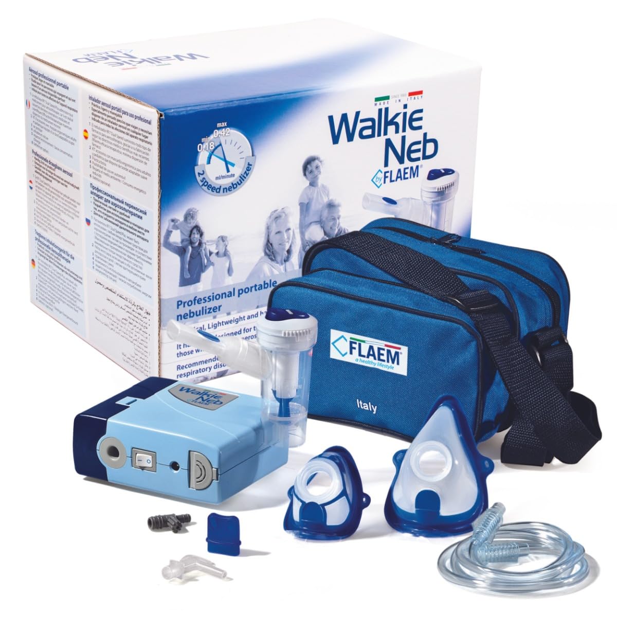 FLAEM WALKIENEB BASIC Inhalator Przenośny z Nebulizatorem RF7 Speed Plus, Zestaw z Torbą, Zasilanie Sieciowe i 12V