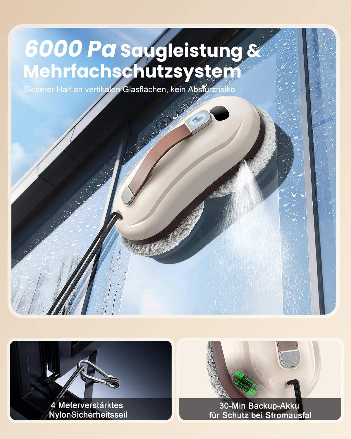 Robofun Fensterputzroboter, 6000Pa Fensterroboter, 100 ml Wassertank