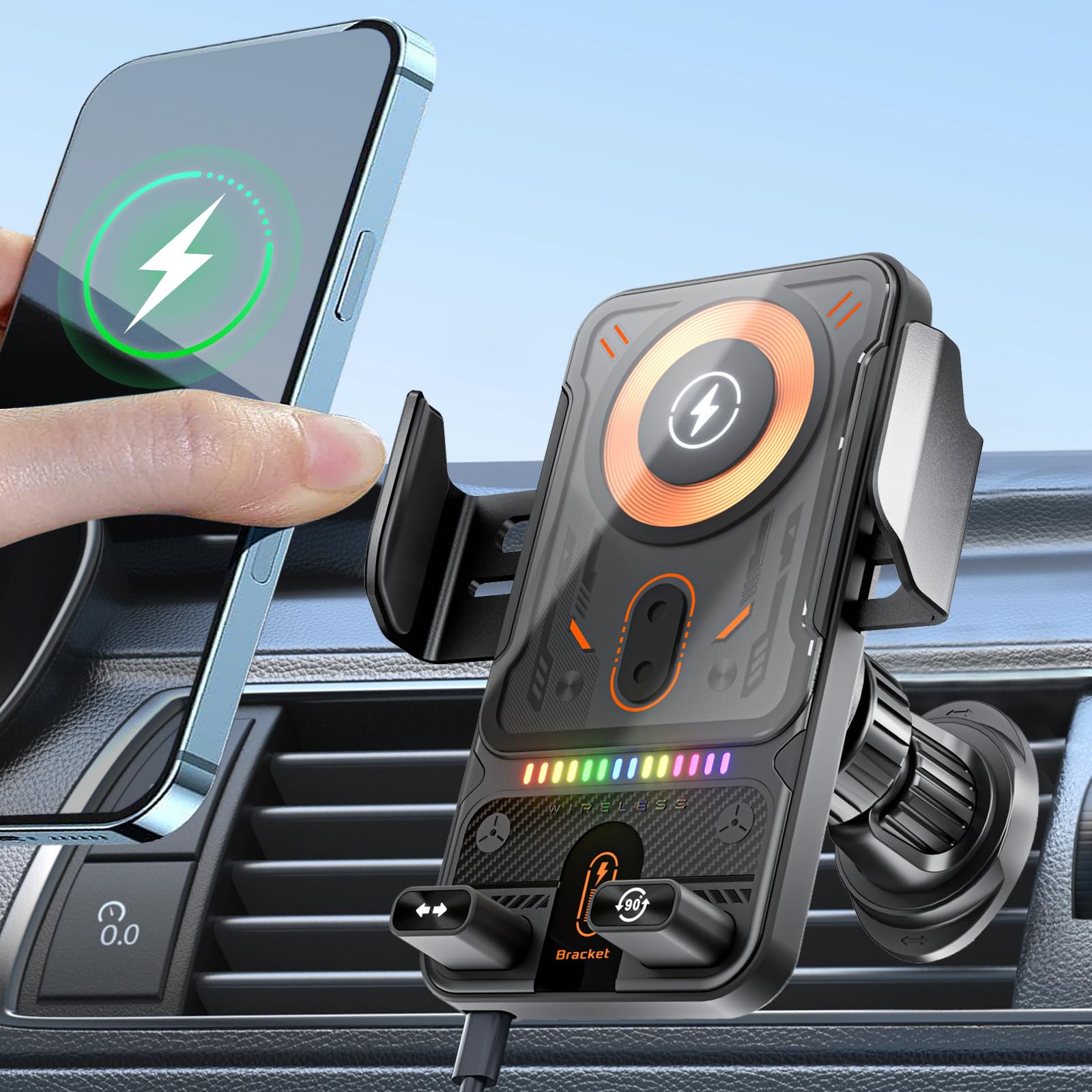 OBEST Supporto per telefono da 15 W, con funzione di ricarica, magnetico senza fili, con clip di ventilazione, girevole telescopico motorizzato con rilevamento automatico per iPhone e Android