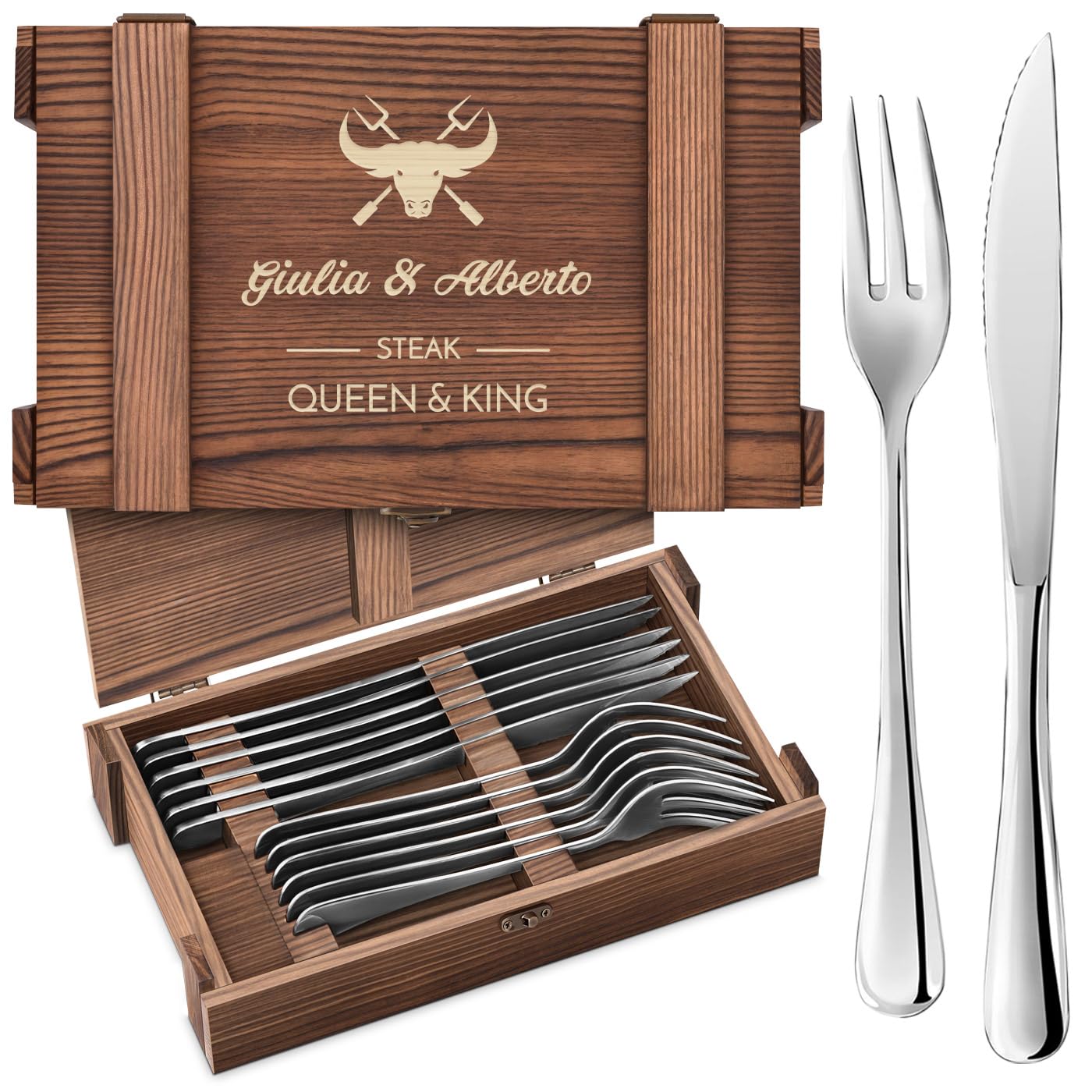Maverton Set Posate in Scatola Legno di Pino - Portaposate 6 Coltelli e 6 Forchette - Scatola regalo Personalizzata - Idee regalo donna compleanno o regali coppia - 26x16,5x6