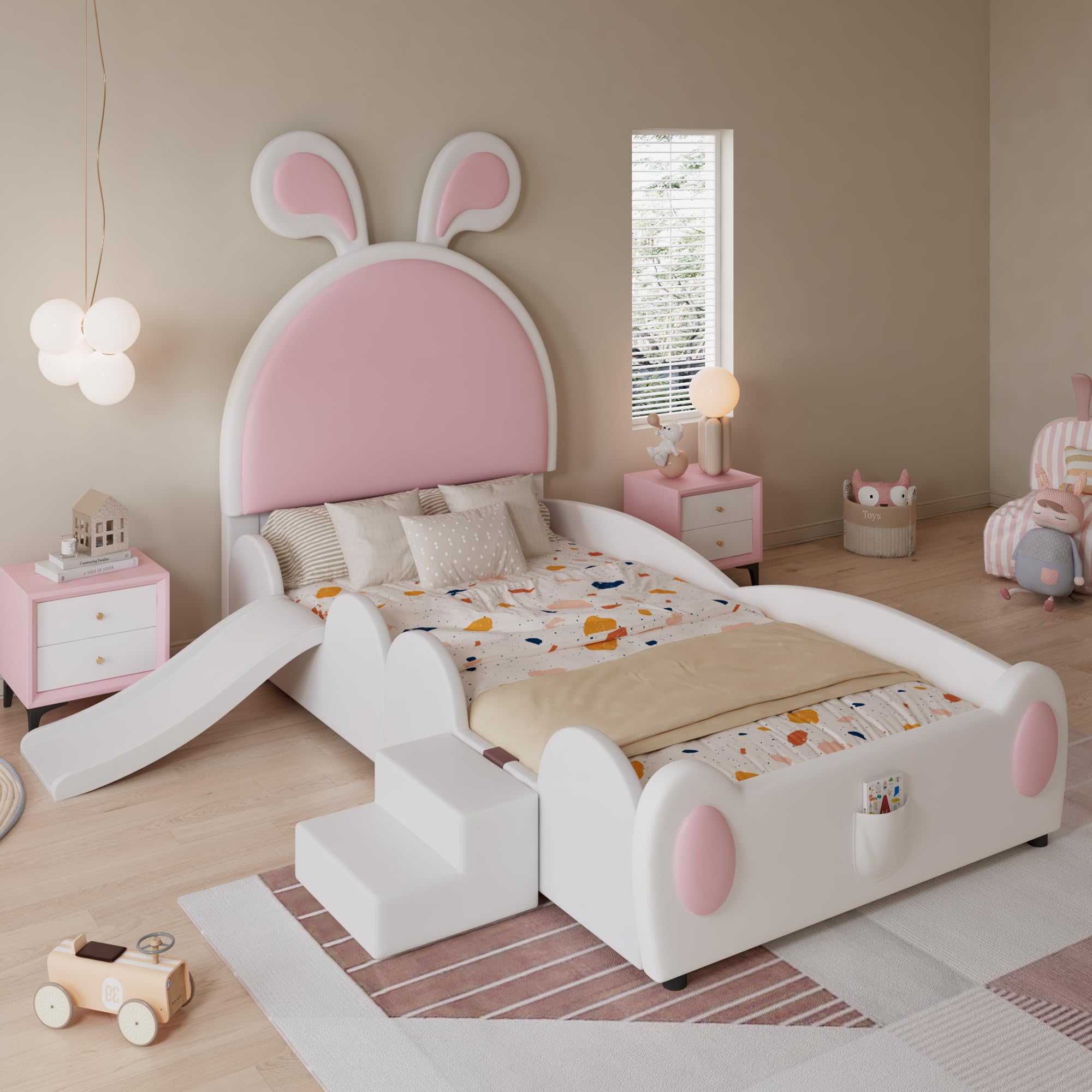 SUKY Letto imbottito 90 x 200 cm, letto singolo con piccola scala e scivolo per bambini, testiera con orecchie di coniglio, lettino con doghe in legno, PU, bianco+rosa