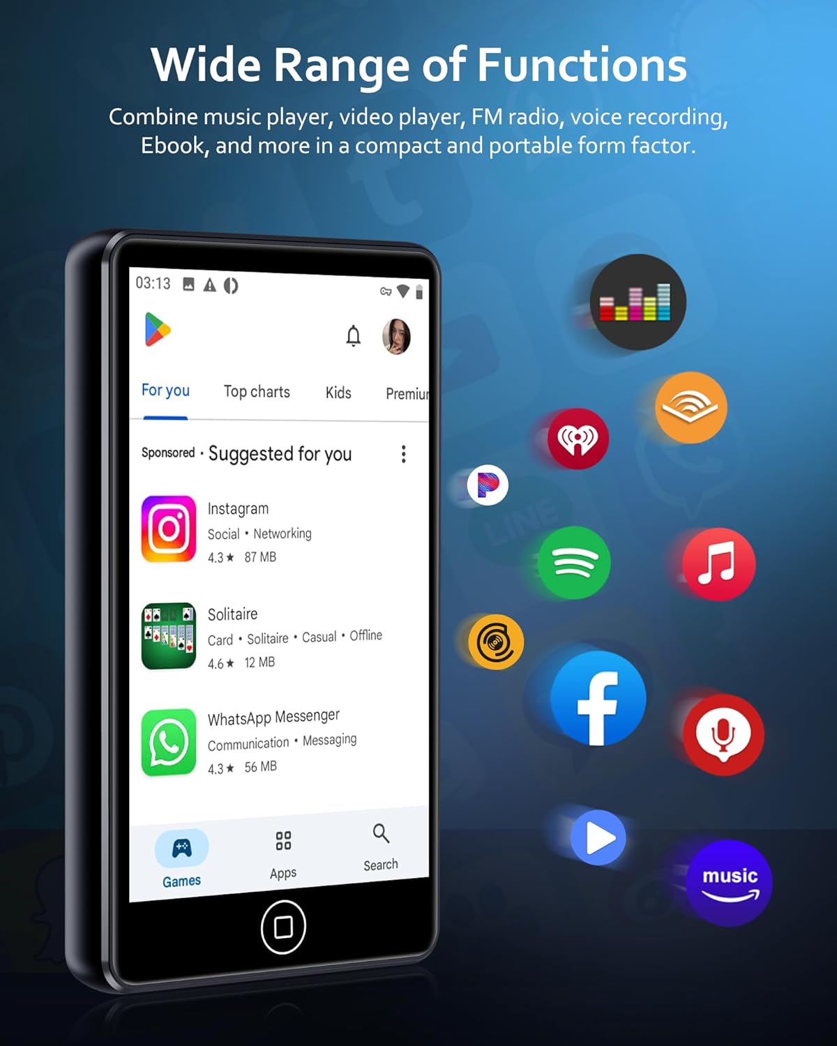 80GB MP3 Player with Bluetooth and WiFi, Android Spotify Music Player for Amazon Music,Pandora, Audible. 4.02" Touchscreen,Speaker,Supports Play Store,Up to 512GB