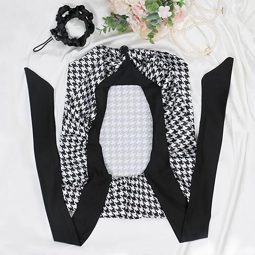 Miniatura 9 de Babalet Gorro de seda para dormir, gorro de satén plegable extra largo con lazo, Negro+pata de gallo