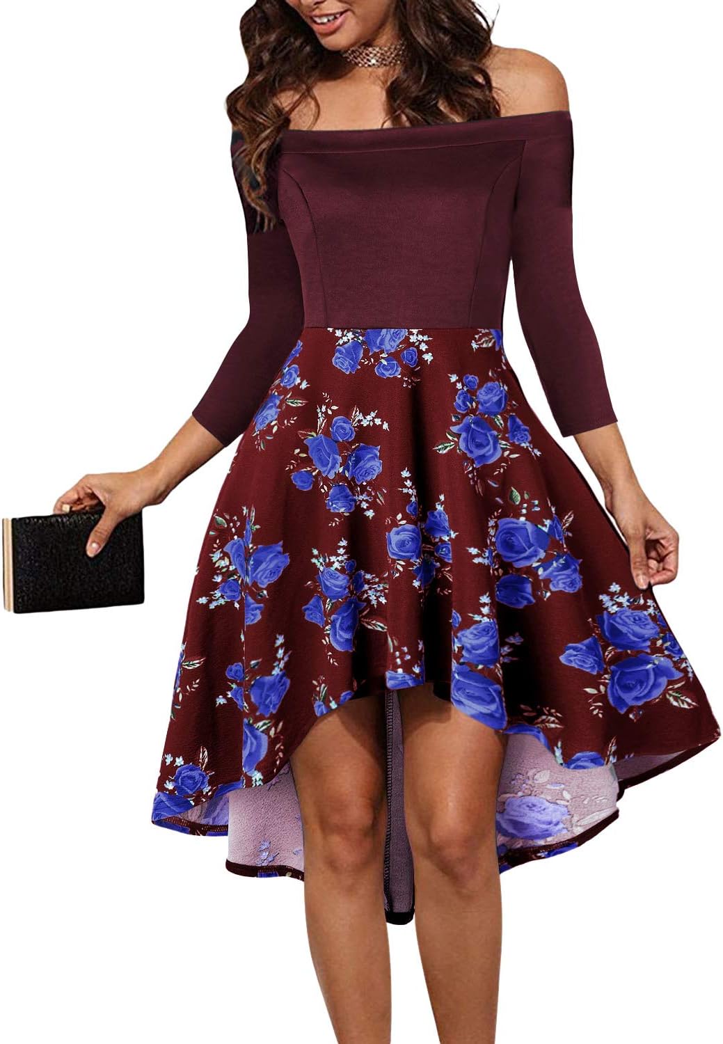 LEORAY Womens Scoop Neck Long Sleeve High Low Cocktail Skater Dress