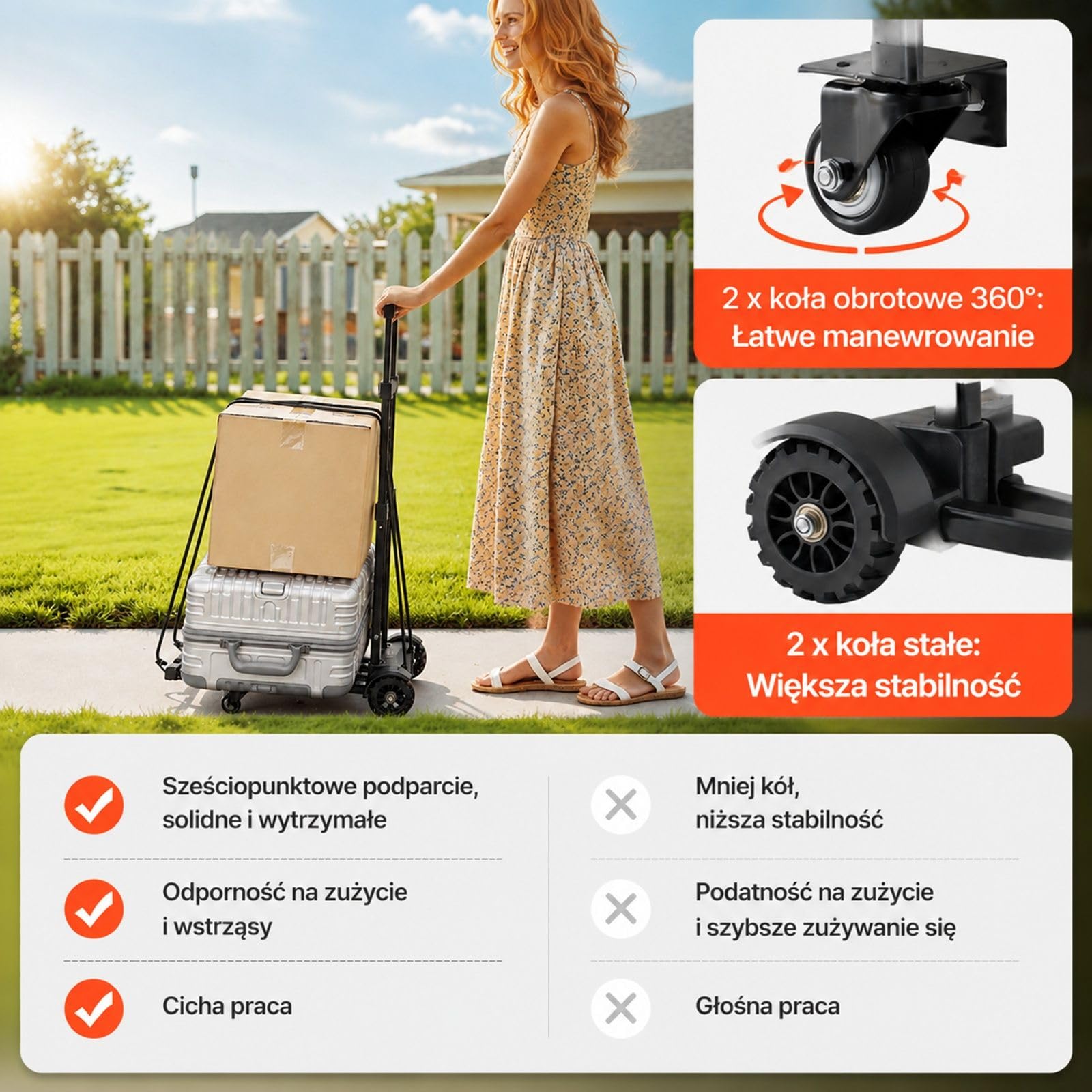 Składany wózek transportowy na 4 kołach z wysuwaną podstawą, regulowanym uchwytem i 2 elastycznymi linami, czarny