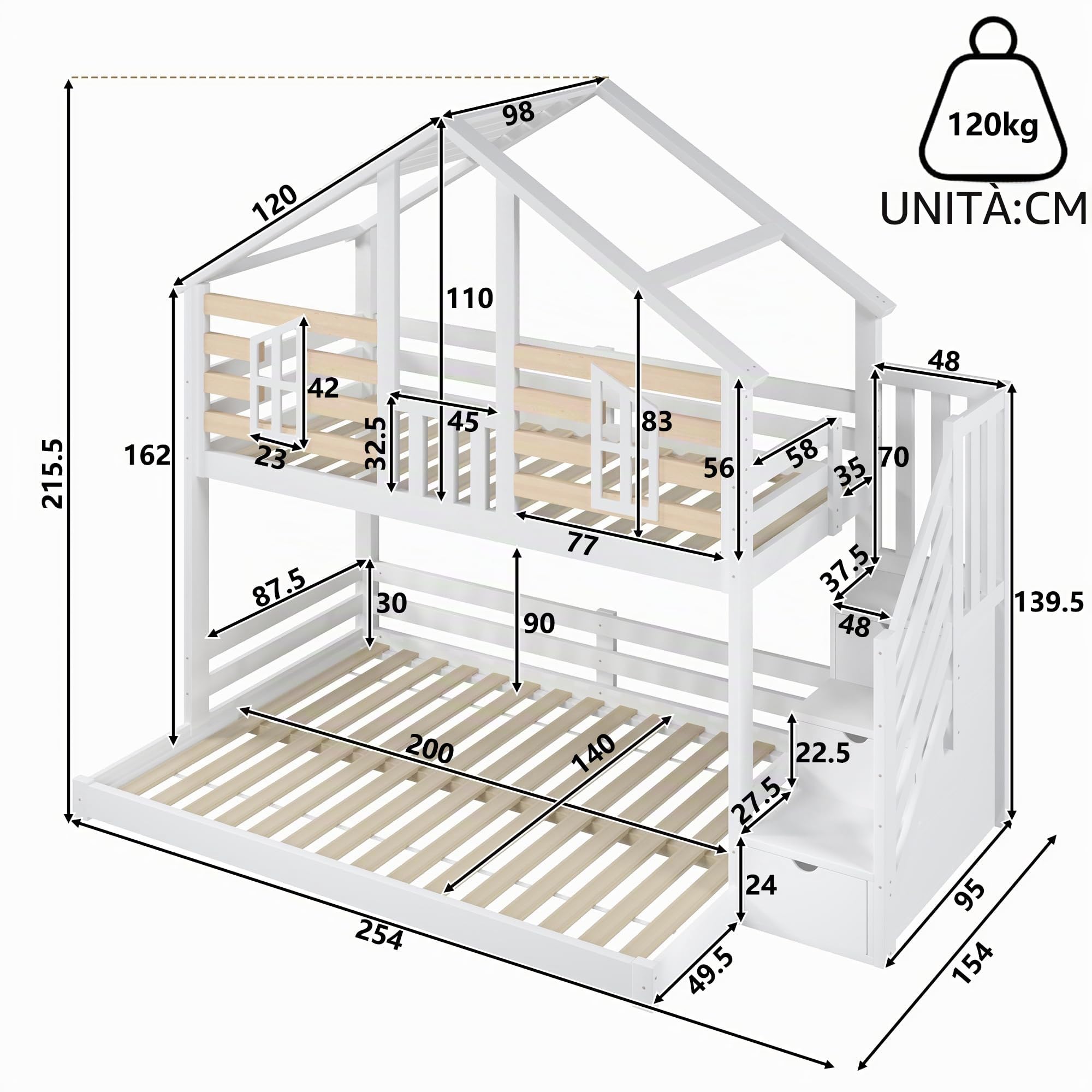 Letto a castello, 90x200cm + 140x200cm, design a casa, design con finestra, scaletta contenitore, letti di varie misure, senza materasso, bianco + naturale((Bianco + Naturale)-B)