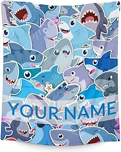 Personalized Shark Blanket Gifts with Name - 40"x50" Cute Throw Blanket for Kids & Adults - Blue Soft Fuzzy Blankets for Bed, Couch & Living Room