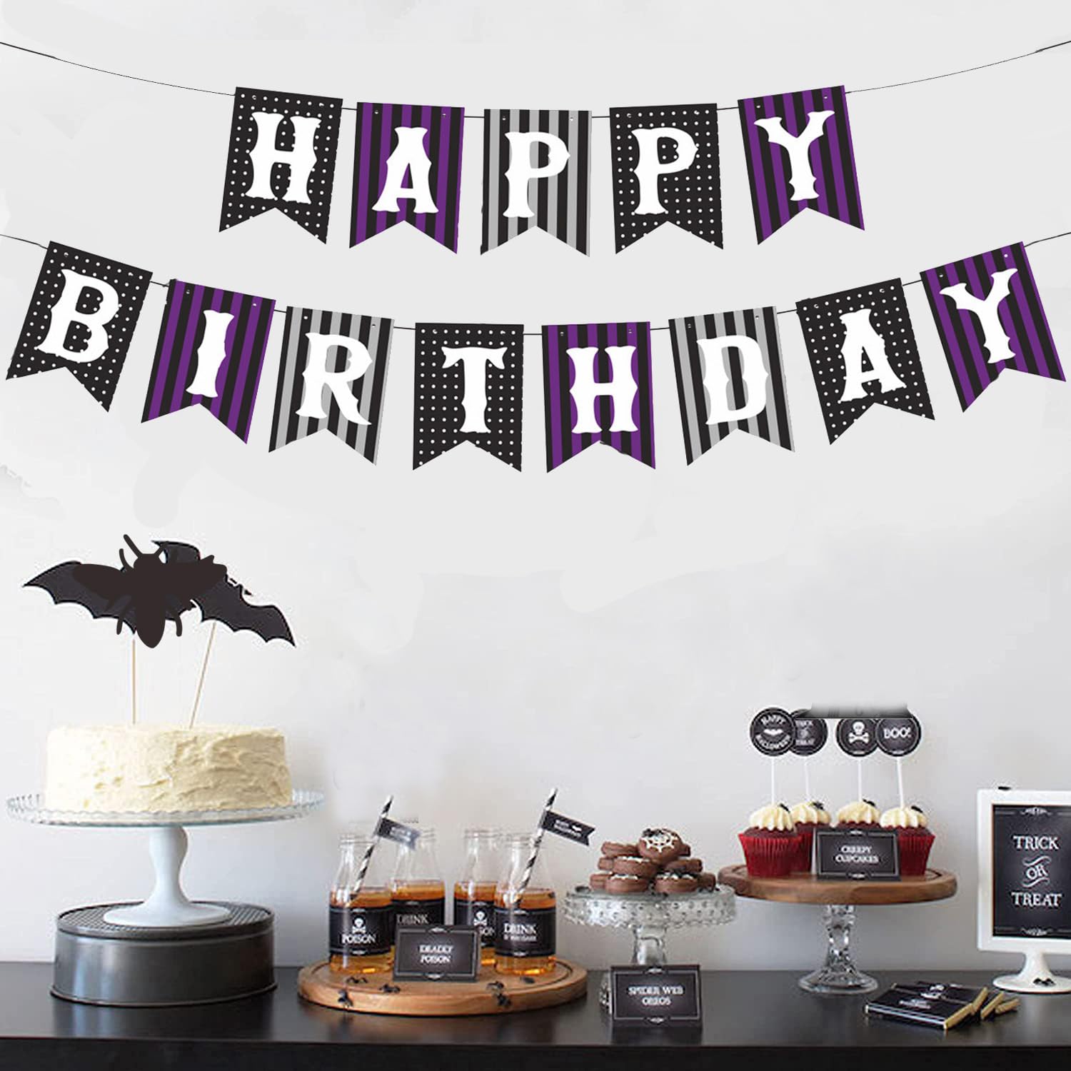 Wednesday Birthday Decorations Wednesday Happy Birthday Banner with Hanging Swirls Black and Purple Party Decorations Banner Gothic Purple Spider Web Party Supplies