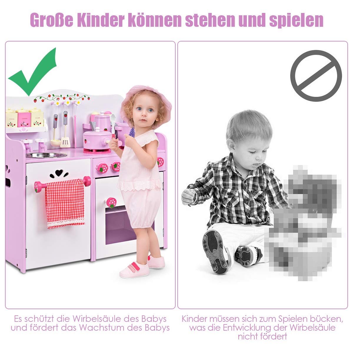 GOPLUS Kuchnia dziecięca z drewna, kuchnia do zabawy z kranem, aneks kuchenny zabawkowy z szafkami, kuchnia drewniana dla dzieci, kuchnia dla dzieci z akcesoriami, różowa