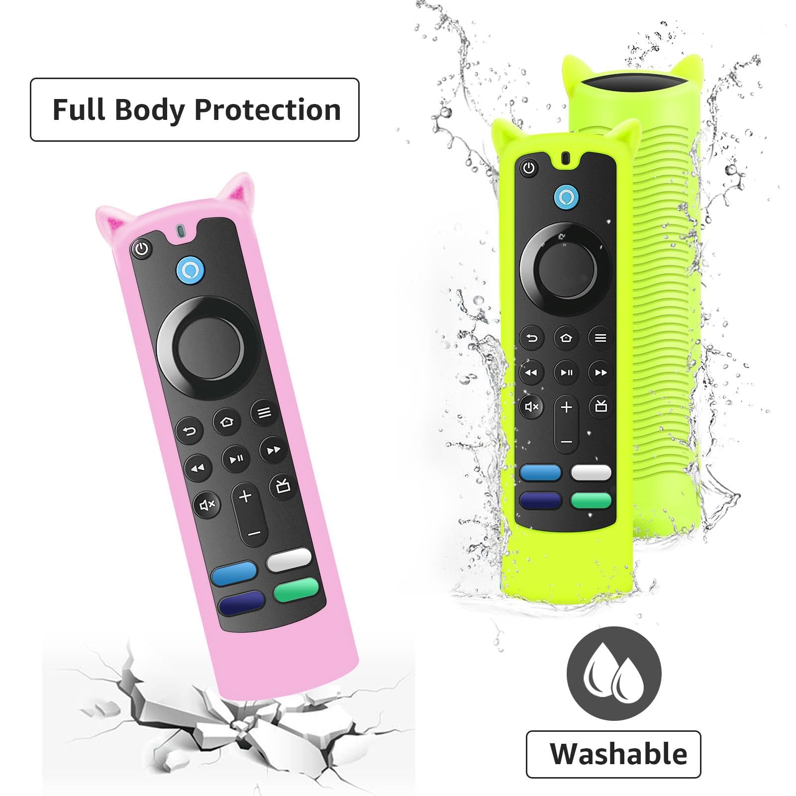 Paquete de 2 fundas de silicona para control remoto que brillan en la oscuridad, funda protectora de silicona antideslizante con cordón, amarillo y rosa