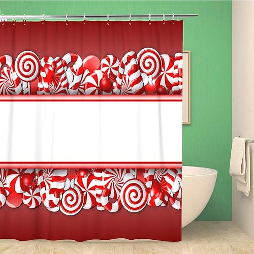Cortina de ducha de 72 x 72 pulgadas, dulce con caramelos rojos y blancos, bastón de Navidad, bastón de caramelo de menta, tela de poliéster