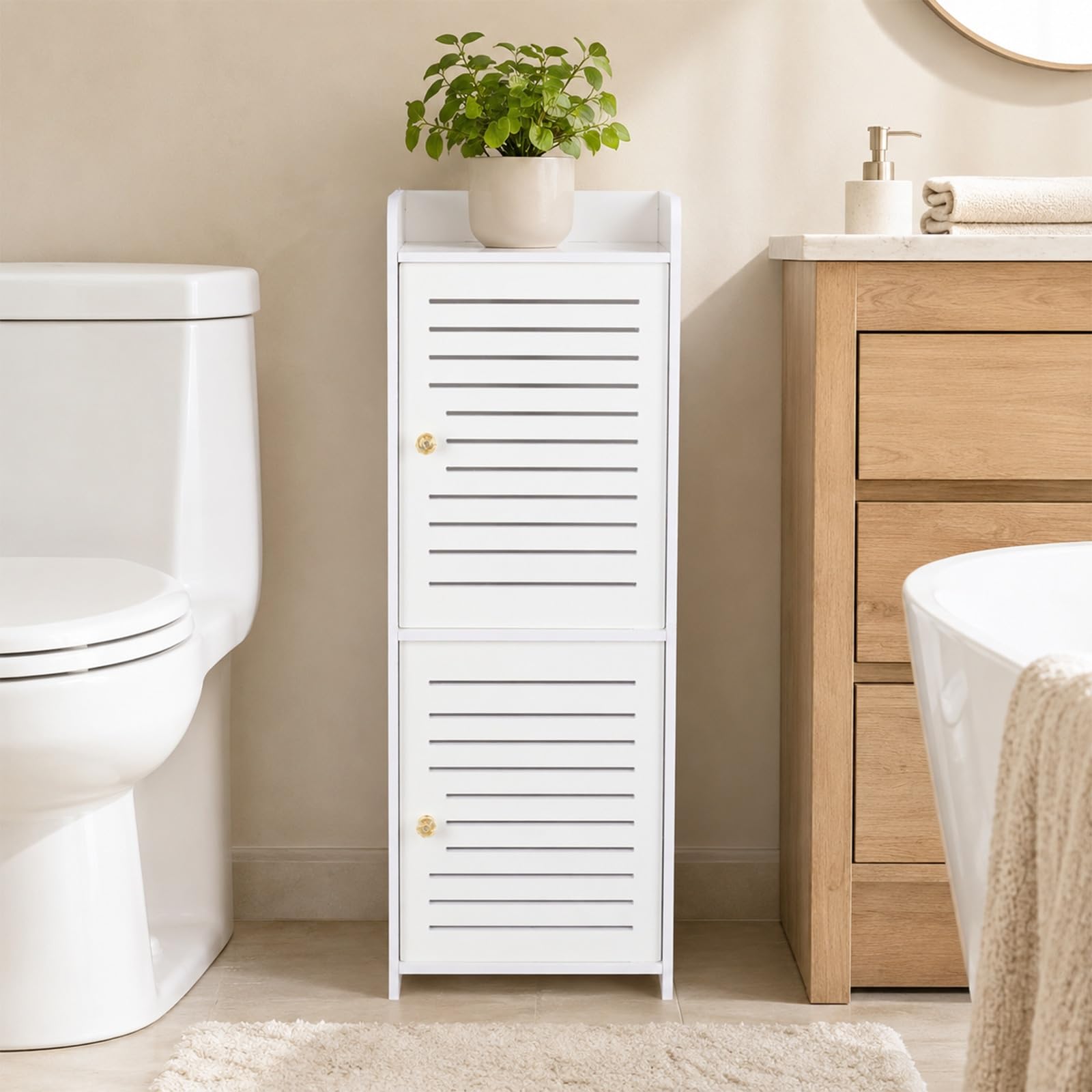 powerking Armadietto portaoggetti da bagno a 2 livelli, organizer indipendente con ante, bianco, impermeabile, per camera da letto, WC, soggiorno, cucina, balcone, ufficio