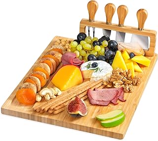 RoyalHouse Unique Bamboo Cheese Board and Knife Set - Charcuterie Boards Set & Cheese Platter with Slide-Out Cutlery Drawe...