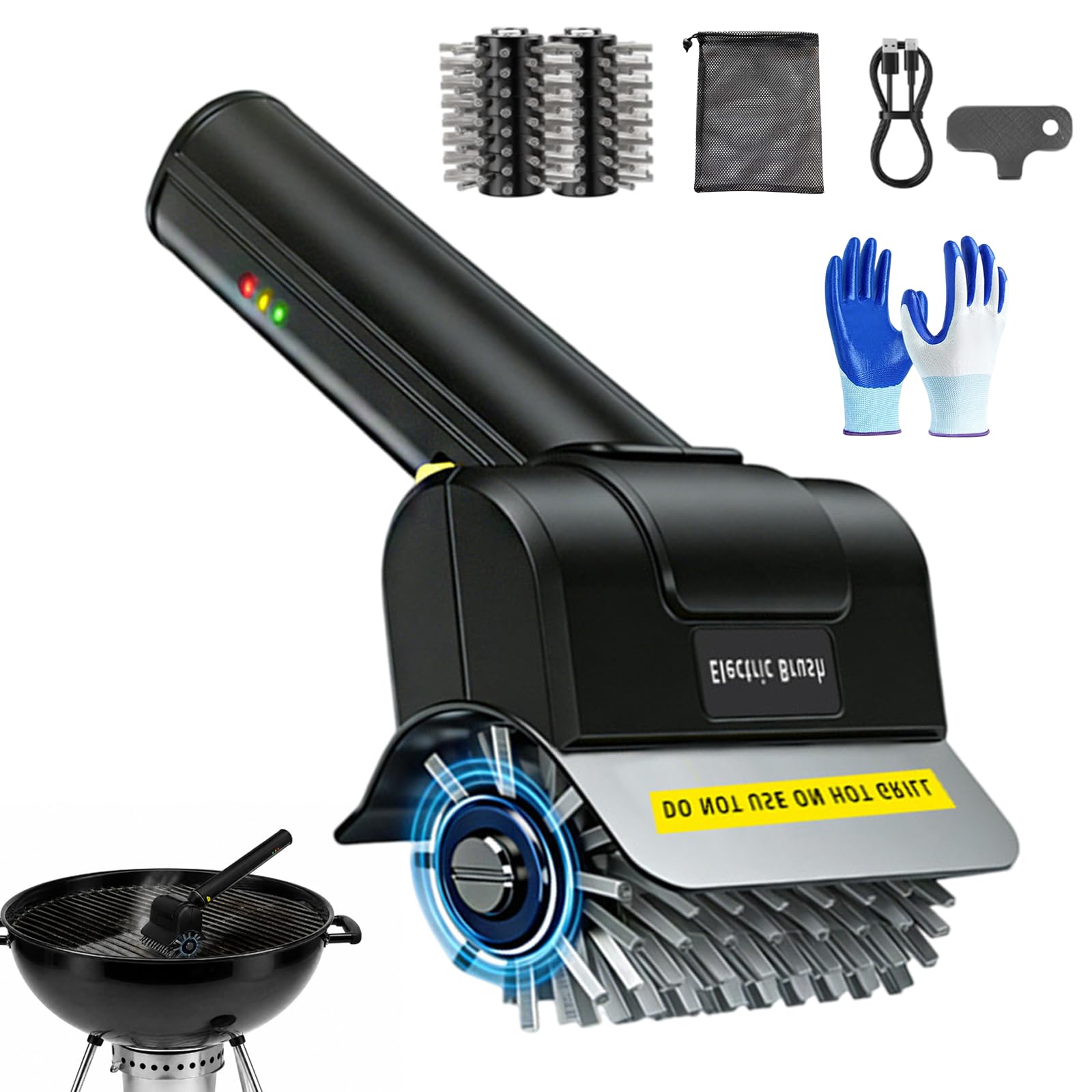 Guiwuiyu Electric Grill Brush, Cordless BBQ Cleaner Brush with 2 Replaceable Heads, Gloves, Spanner, Mesh Bag, Cleaning Brush for Barbecue Grates, Accessories for Camping Outdoor Grilling(Black)