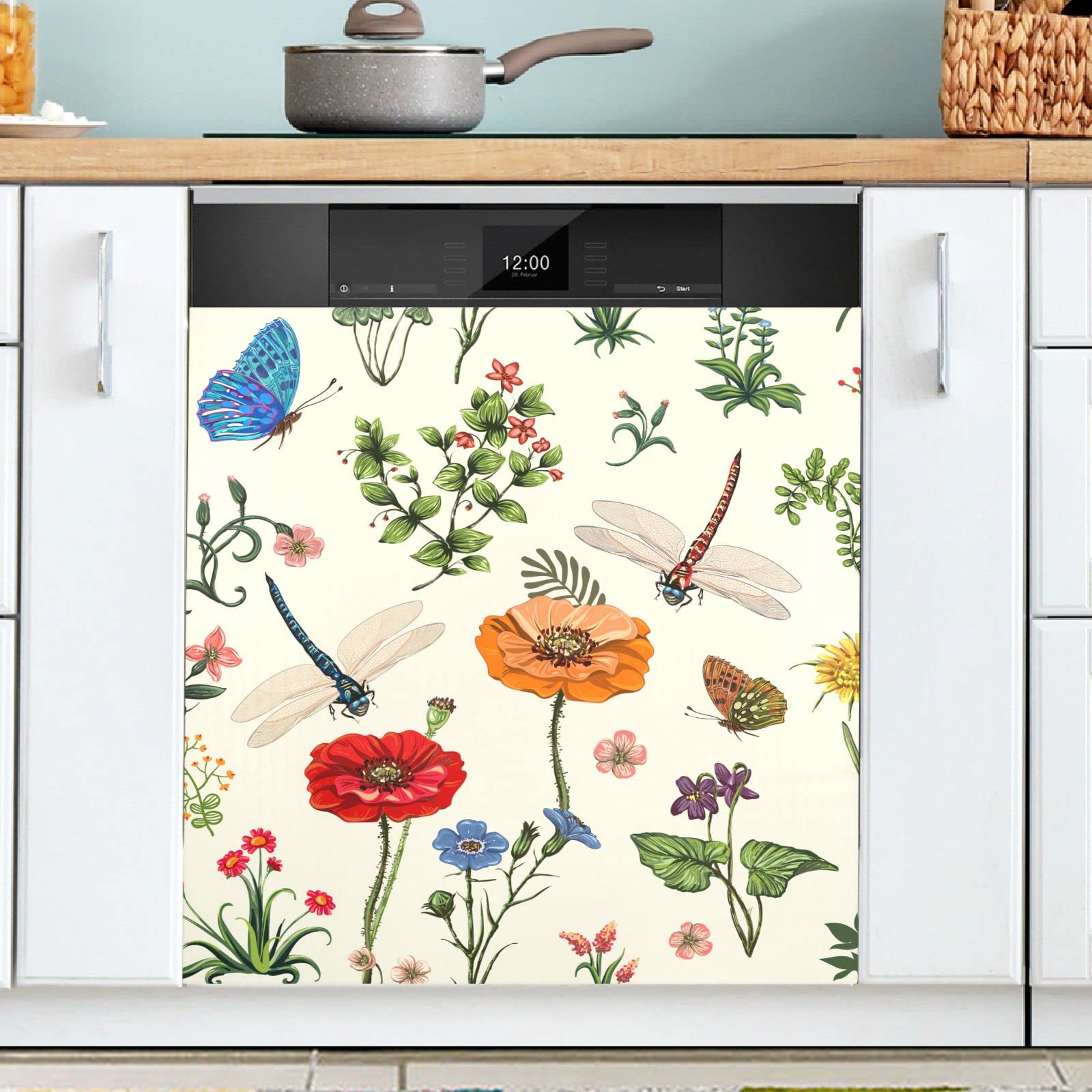 Exnundod Vintage Flowers Dragonfly Dishwasher Magnet Cover, Botanical Leaves Floral Magnetic Decor Decal Panel Waterproof Magnet Stiker for Refrigerator Appliances Locker Decorative
