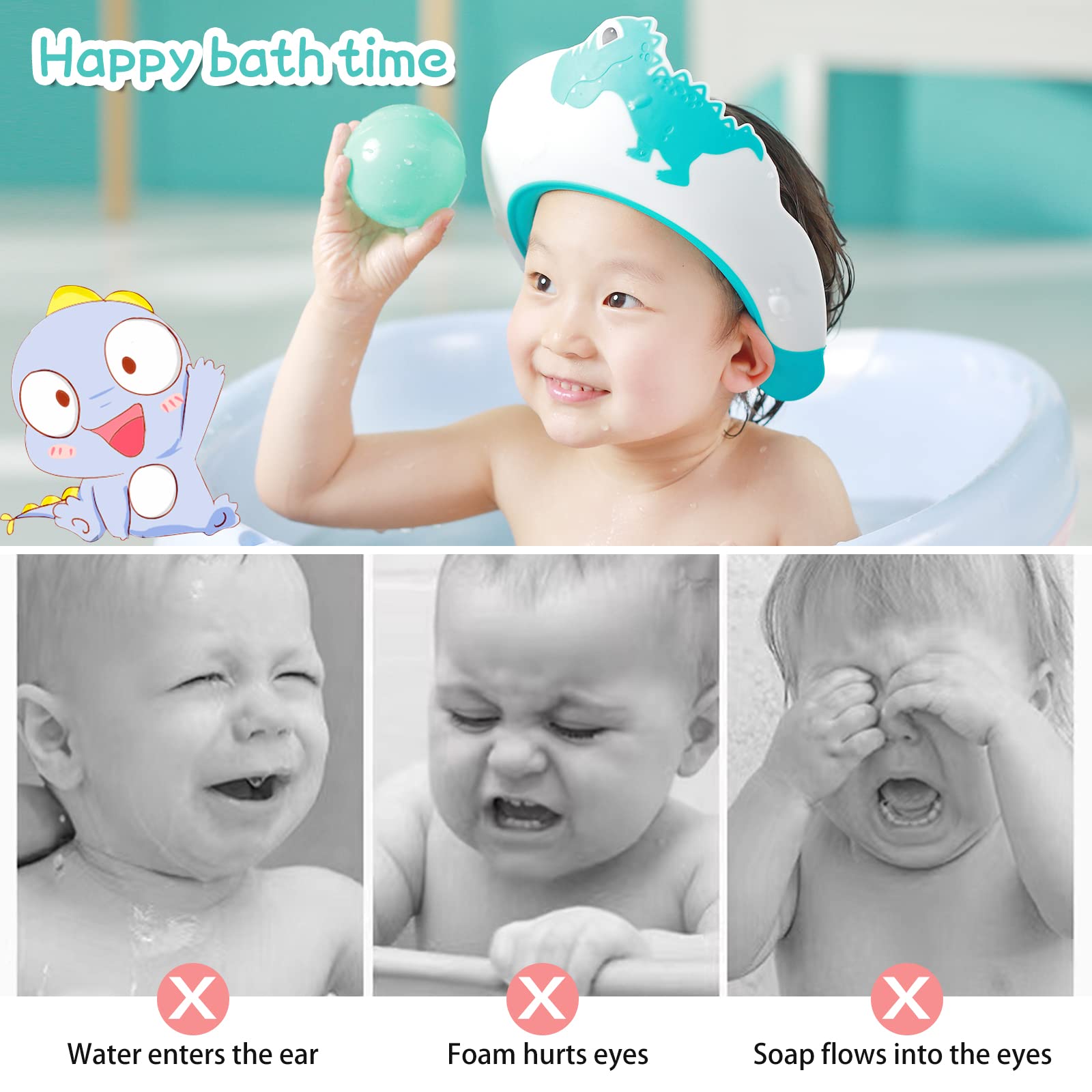 Osłona na baby shower, czapki kąpielowe dla dzieci, osłona do mycia włosów dziecka, regulowana czapka i daszek dla dzieci, oczy i uszy, wodoodporny kapelusz, dinozaur (różowy)