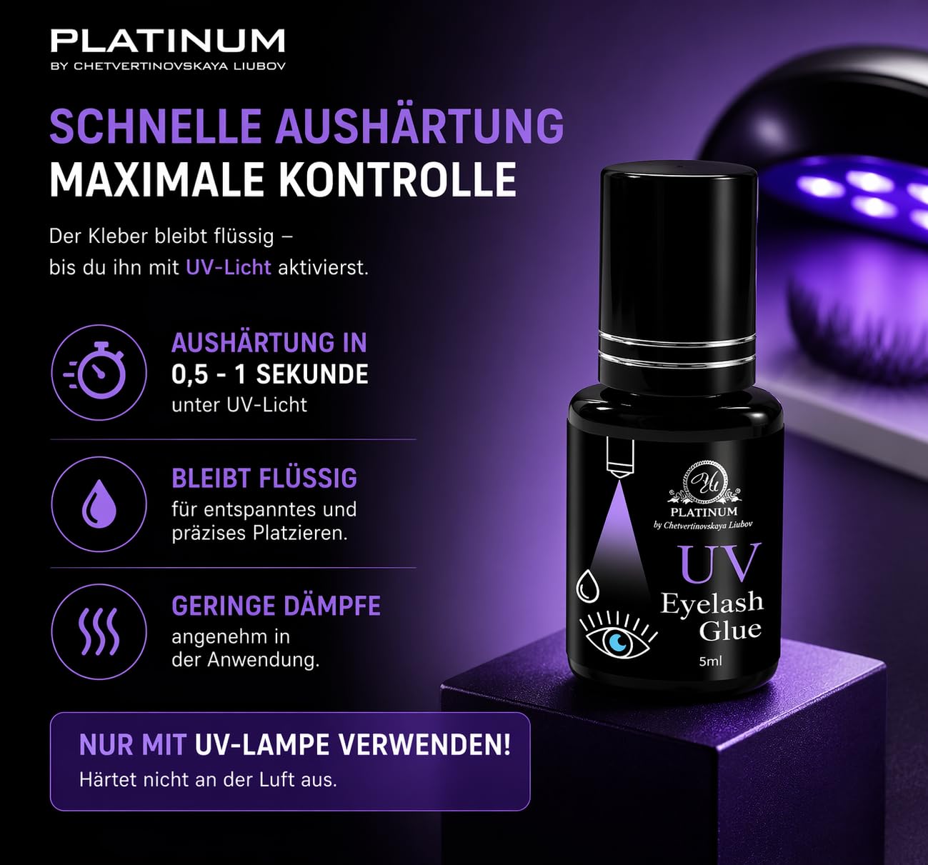UV Wimpernkleber Clear – UV-aktivierter Wimpernkleber, Funktioniert nur unter UV-Licht – 1–3 Sek., 5 ml