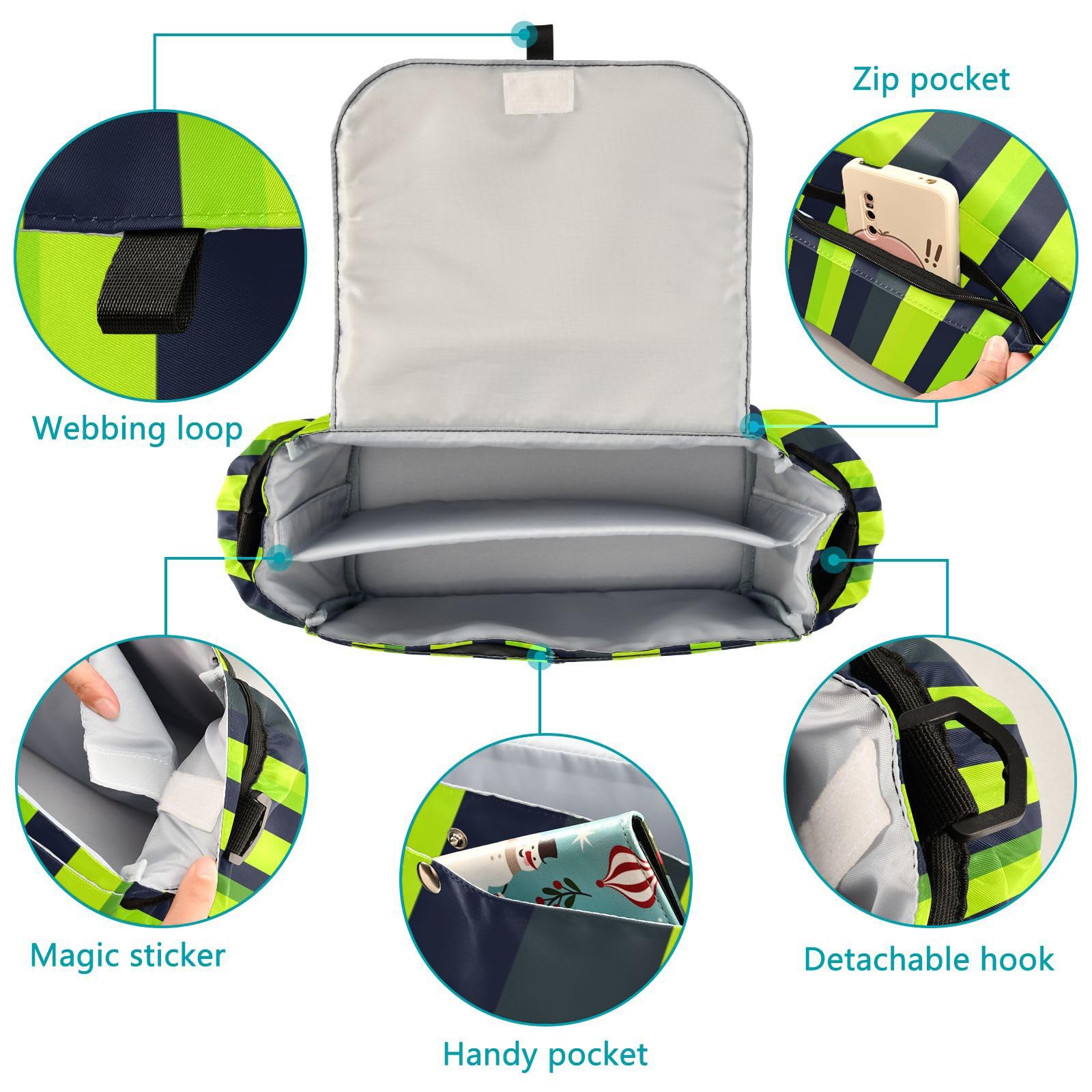 miaozhen Stripes Lime Green Navy Blue stroller organizer accessories large storage caddy zippered pocket carrito para acesorios para baby