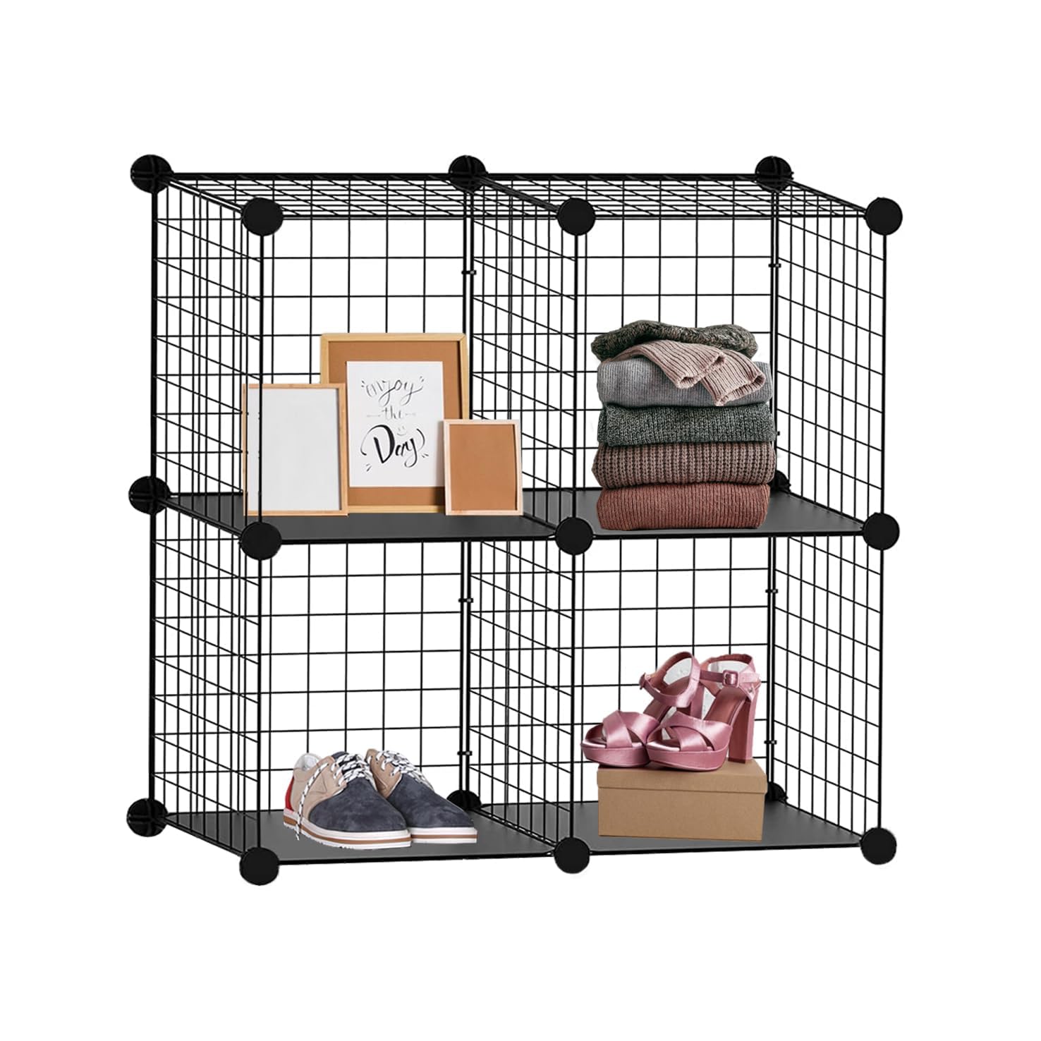 Knight 4 Cube Interlocking Storage Rack | Metal Wire Mesh Shelves | Combination Display Stand Unit | Large Capacity | Free Rubber Mallet | 62x31x62cm | Black