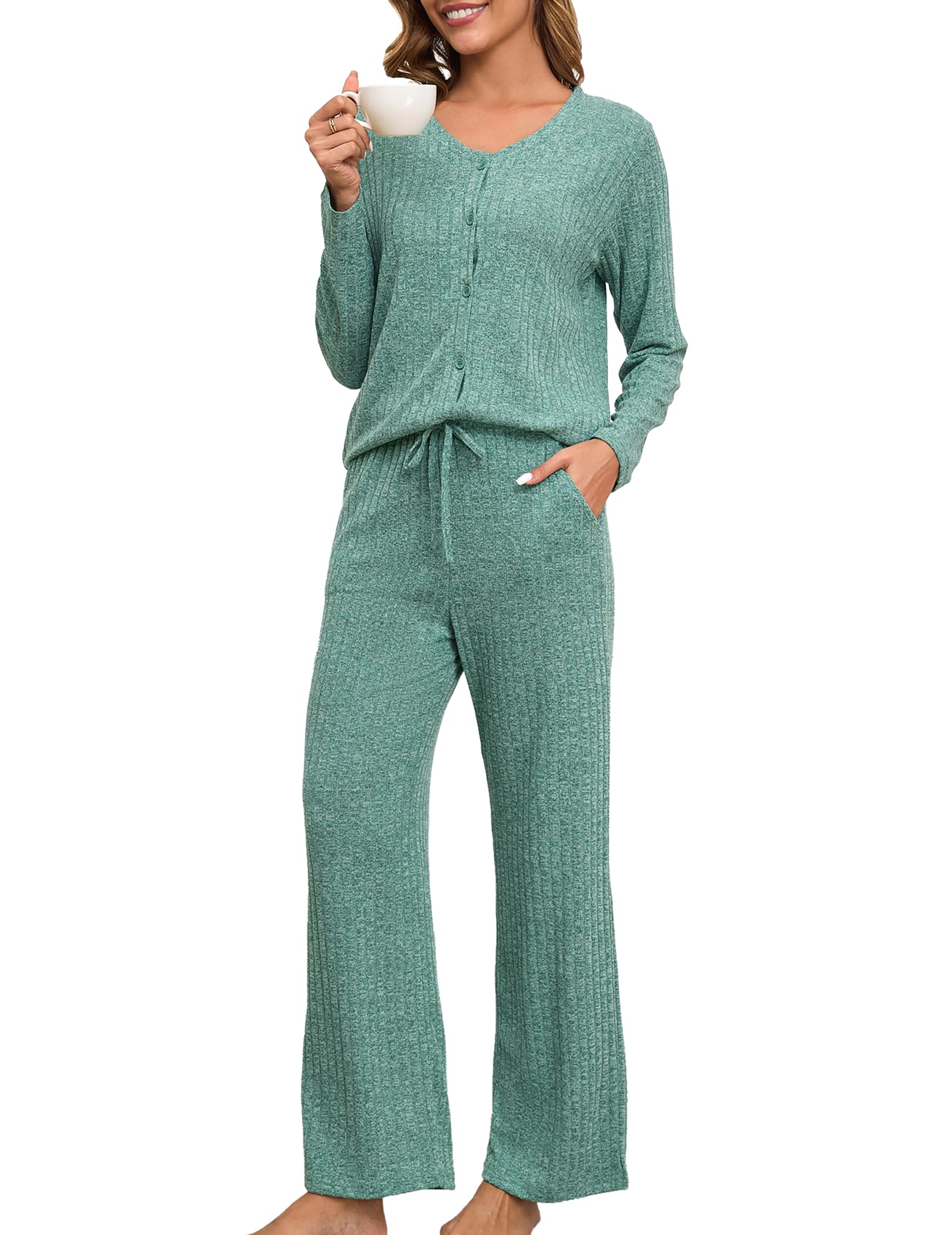 Viakeo Women's Pajama Set Long Sleeve Knitted Sleepwear Button Down Top And Pants Lounge Set S-3XL
