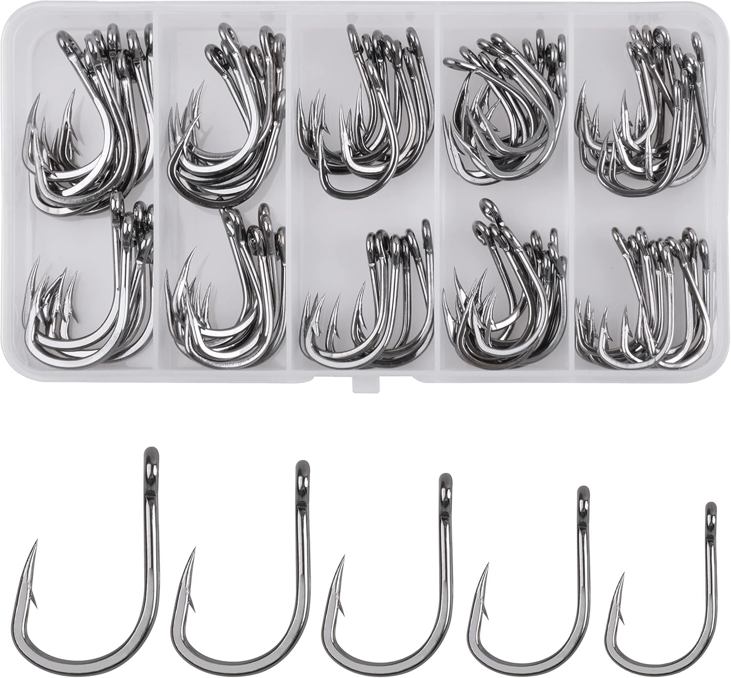 Shaddock Lot De 100 Hameçons Pêche Eau Salée – Taille Mixte 3/0 à 8/0, Acier Inox 420 Long Shank Forgé Extra Fort