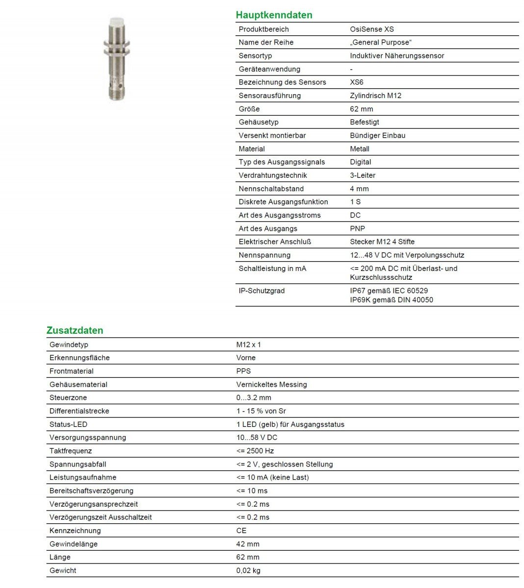 Schneider Electric XS612B1PAM12 Métal Détecteur Inductif XS6, Cylindrique M12, 4 mm Portée Nominale, 1 F, M12 Connecteur, PNP, 62 mm Longueur