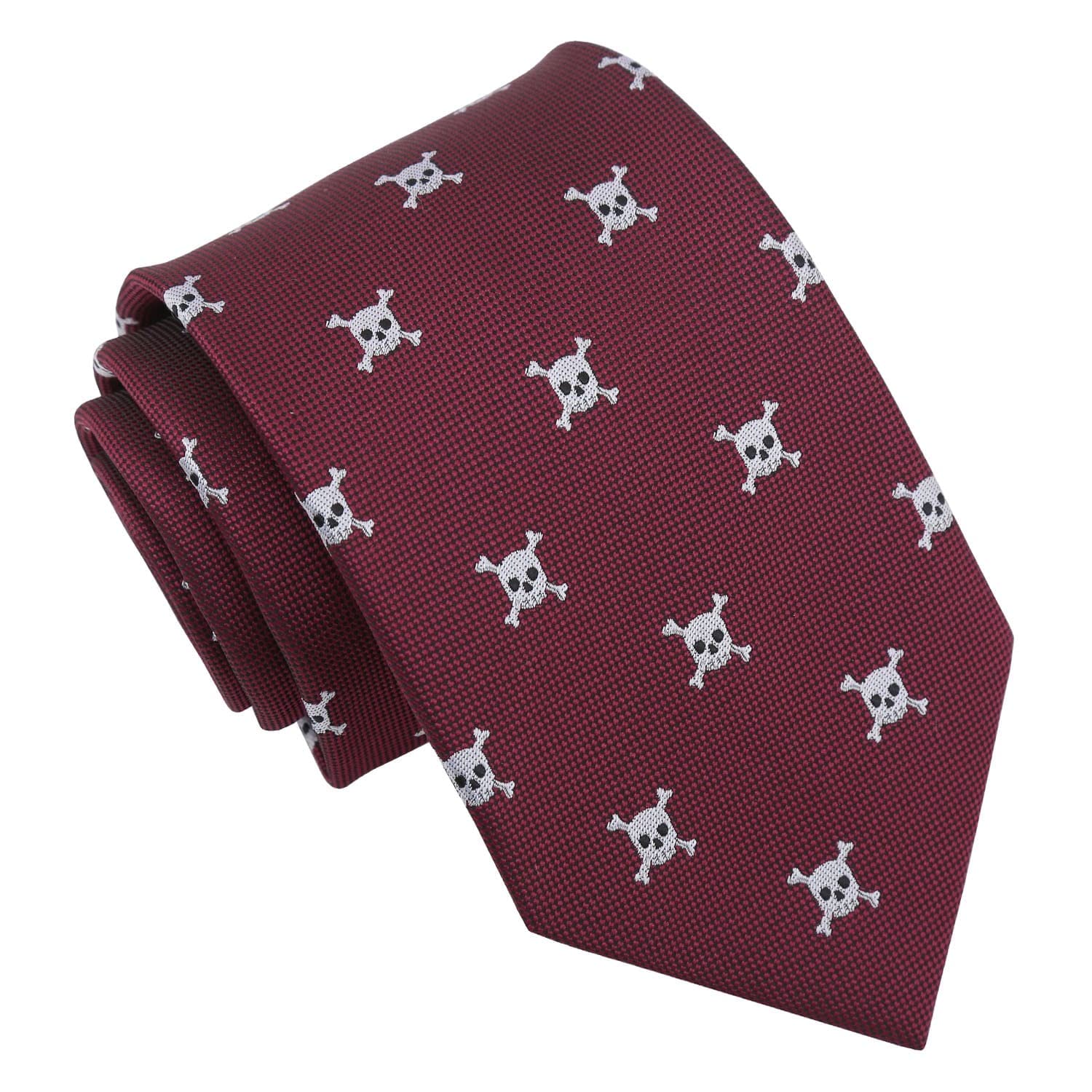 Dqt Men's Burgundy Skull Embroidered Emoji Print Novelty Classic Tie