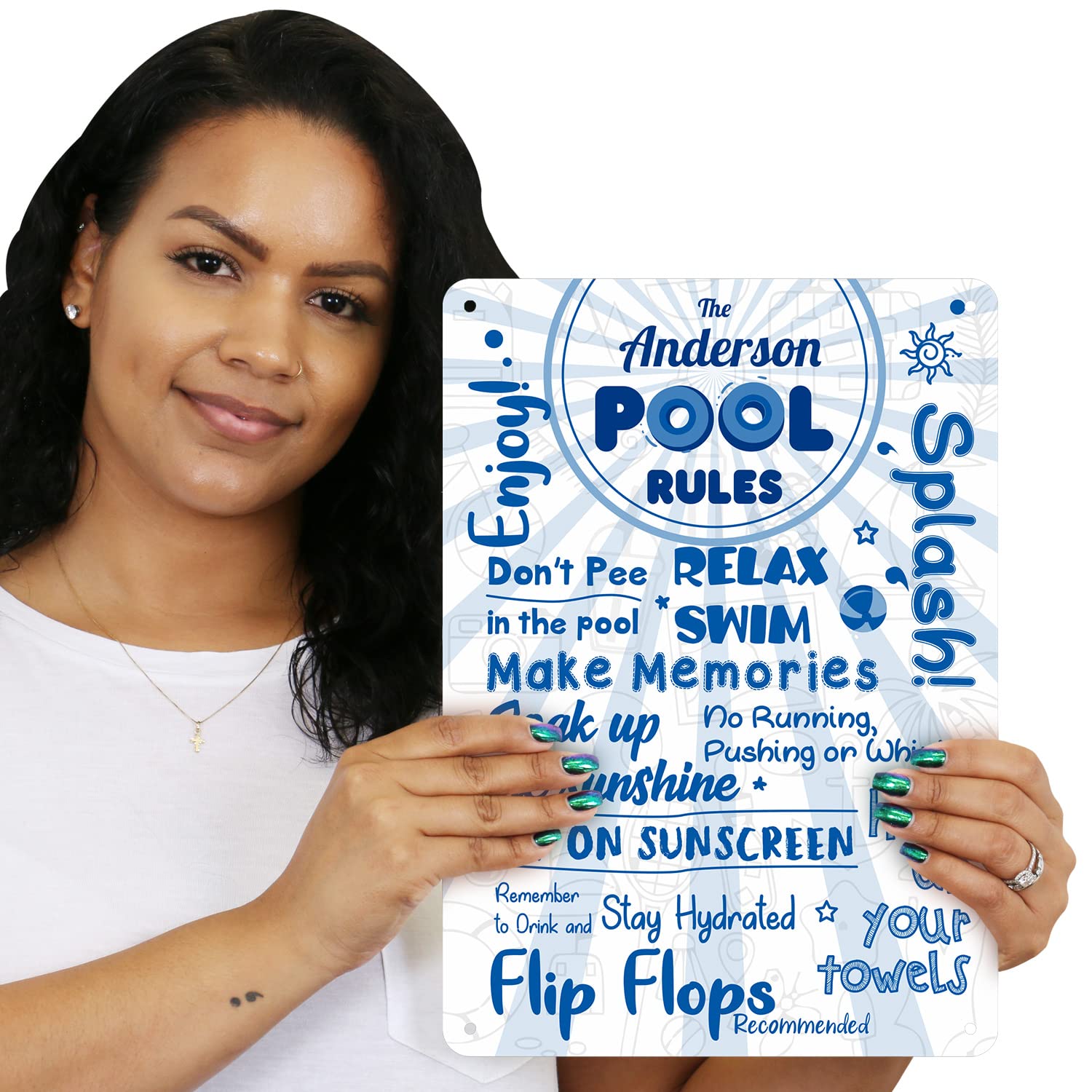 SmartSign 14 x 10 inch “Add Text Or Family Name” Custom Pool Rules Metal Sign, Screen Printed, 40 mil Rustproof Aluminum with Clear Overcoat, Blue, Grey and White, Made in USA