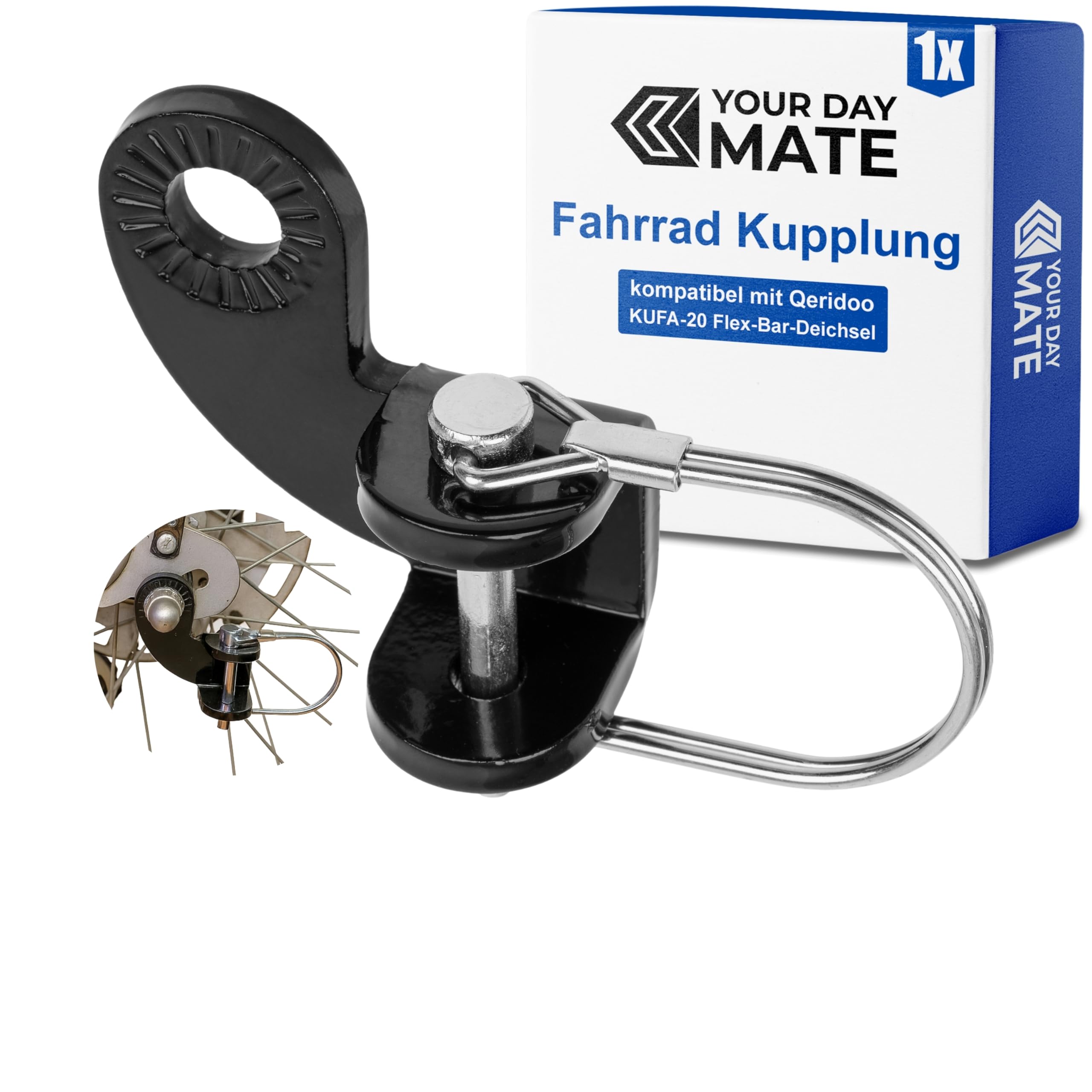 Fahrradanhänger Kupplung mit Sicherheitssplint – 1 Set, kompatibel mit Qeridoo KUFA-20 Flex-Bar-Deichsel, aus Metall, in Schwarz Baby