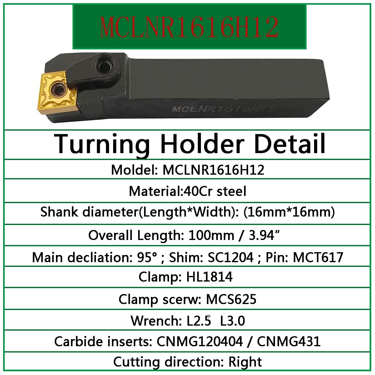 Porte-outil de tournage en carbure indexable Excircle MCLNR1616H12 + barre d'alésage interne de tour en métal S16Q-MCLNR12 + inserts de tournage en carbure indexables CNMG431 (CNMG120404).