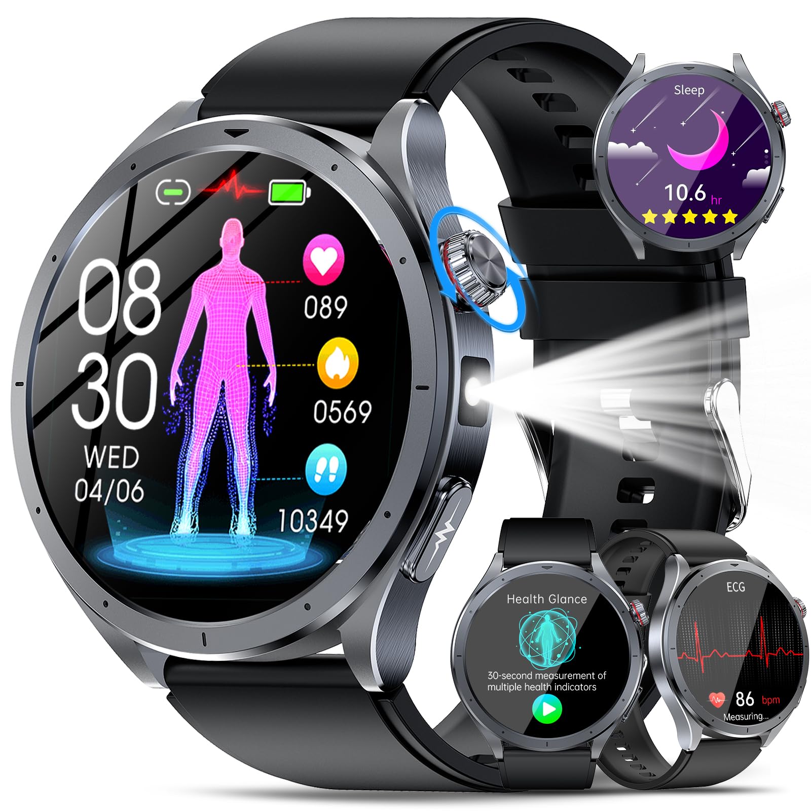 Smartwatch Uomo con ECG/HRV, Pressione Sanguigna, AI-GPT, Micro-Check-up | Orologio Fitness 1.53" con Cardio/SpO2/Sonno/Stress/BMI/Acido Urico/Temperatura, Torcia LED, SOS, Chiamate, iOS/Android
