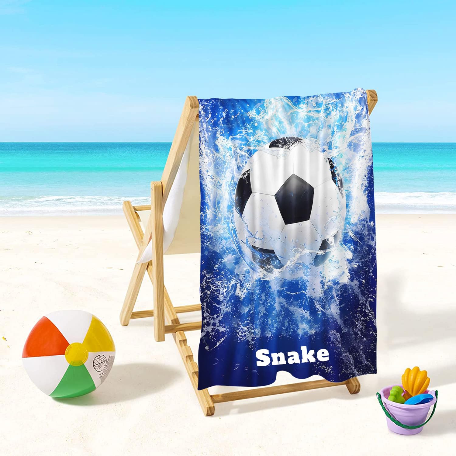 Fadaing Serviette De Plage Personnalisée Avec Nom - Grande Serviette De Bain - En Microfibre - Avec Nom - Grande Serviette De Plage - 100 X 200 Cm - Motif Football
