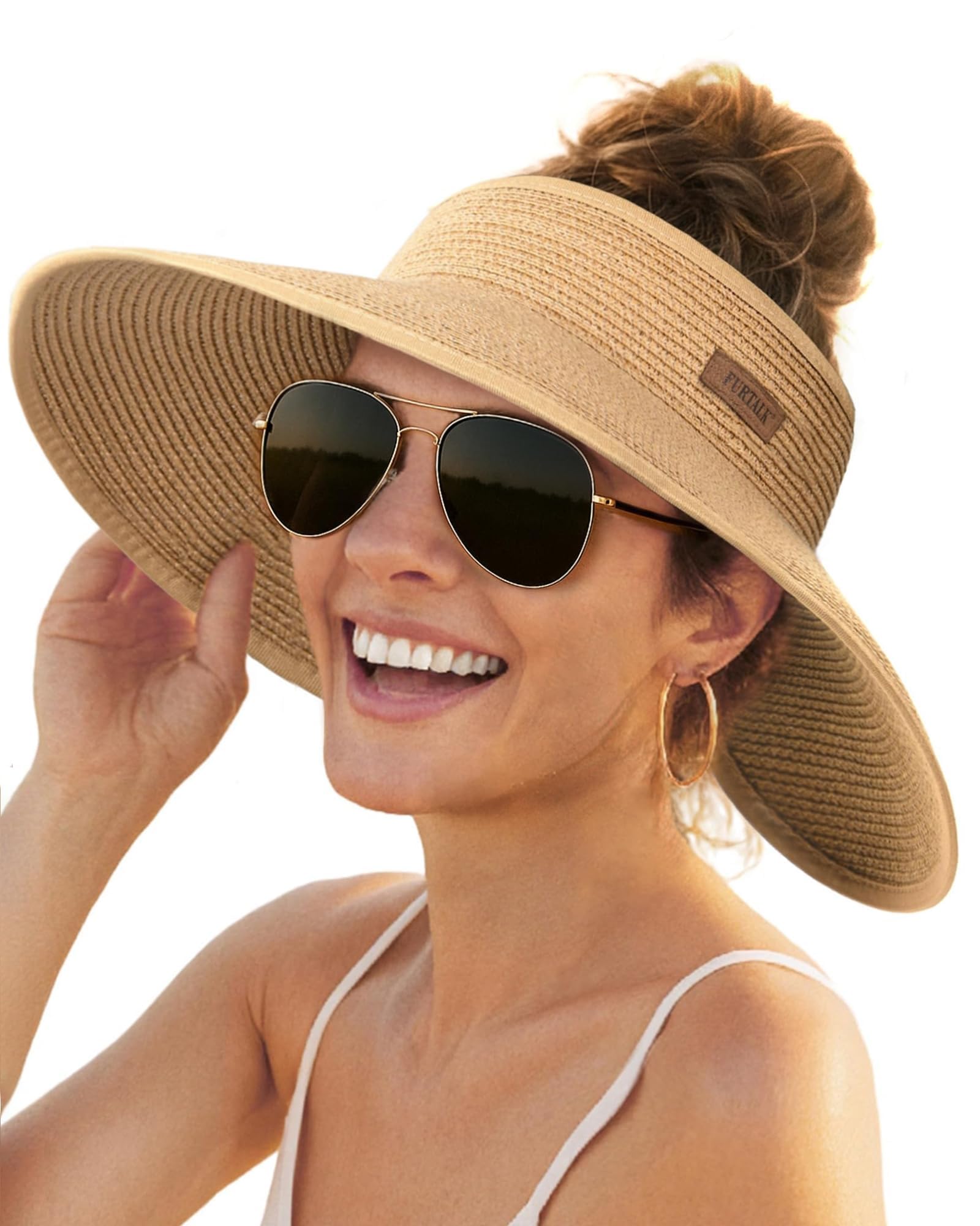 Roll Up Sun Visor Wide Brim Straw Hats for Women Ponytail Summer Beach Hat UV UPF 50 Travel Foldable Packable FURTALK (One Size, Pure Khaki)