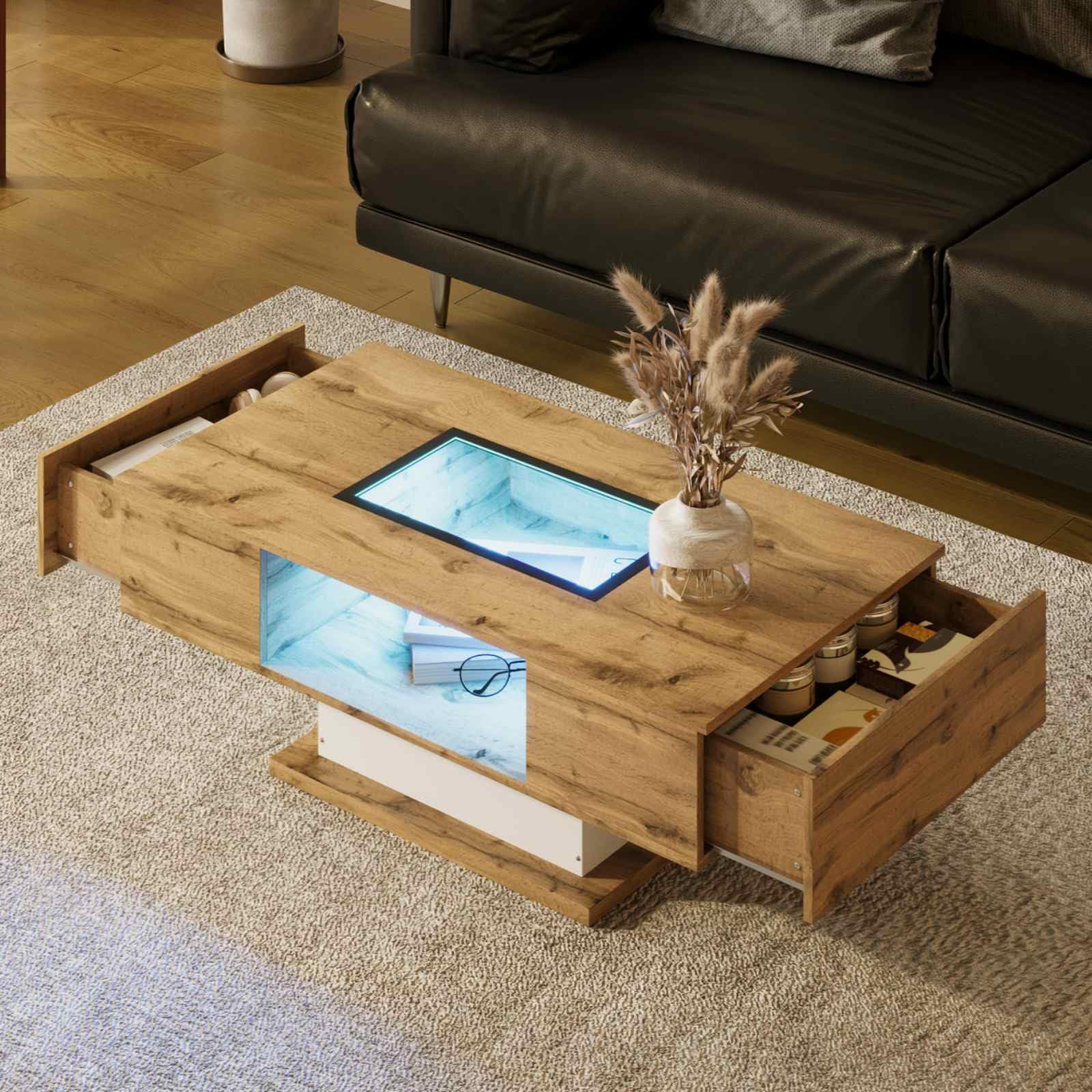 KOMHTOM Table Basse avec LED Table Basse Coffre avec 2 tiroirs et 1 Compartiment de Rangement Ouvert, Table d'appoint avec Plateau en Verre Meubles de Salon Modernes (A)
