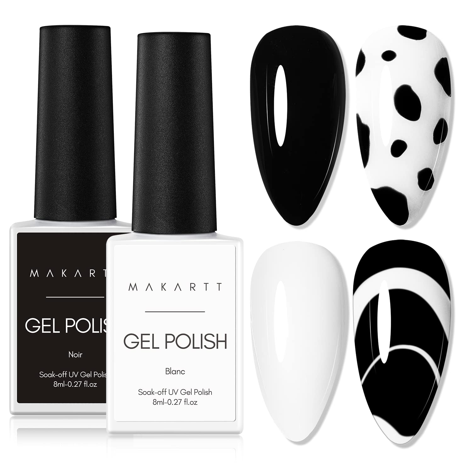 Makartt Gel Nail Polish Kit, Black White Nail Polish Gel Set Noir & Blanc Winter Soak Off Nail Gel Polish LED Required UV Gel Polish Kit Black Nails White Gel Paint for Nail Art Salon DIY 2Pcs