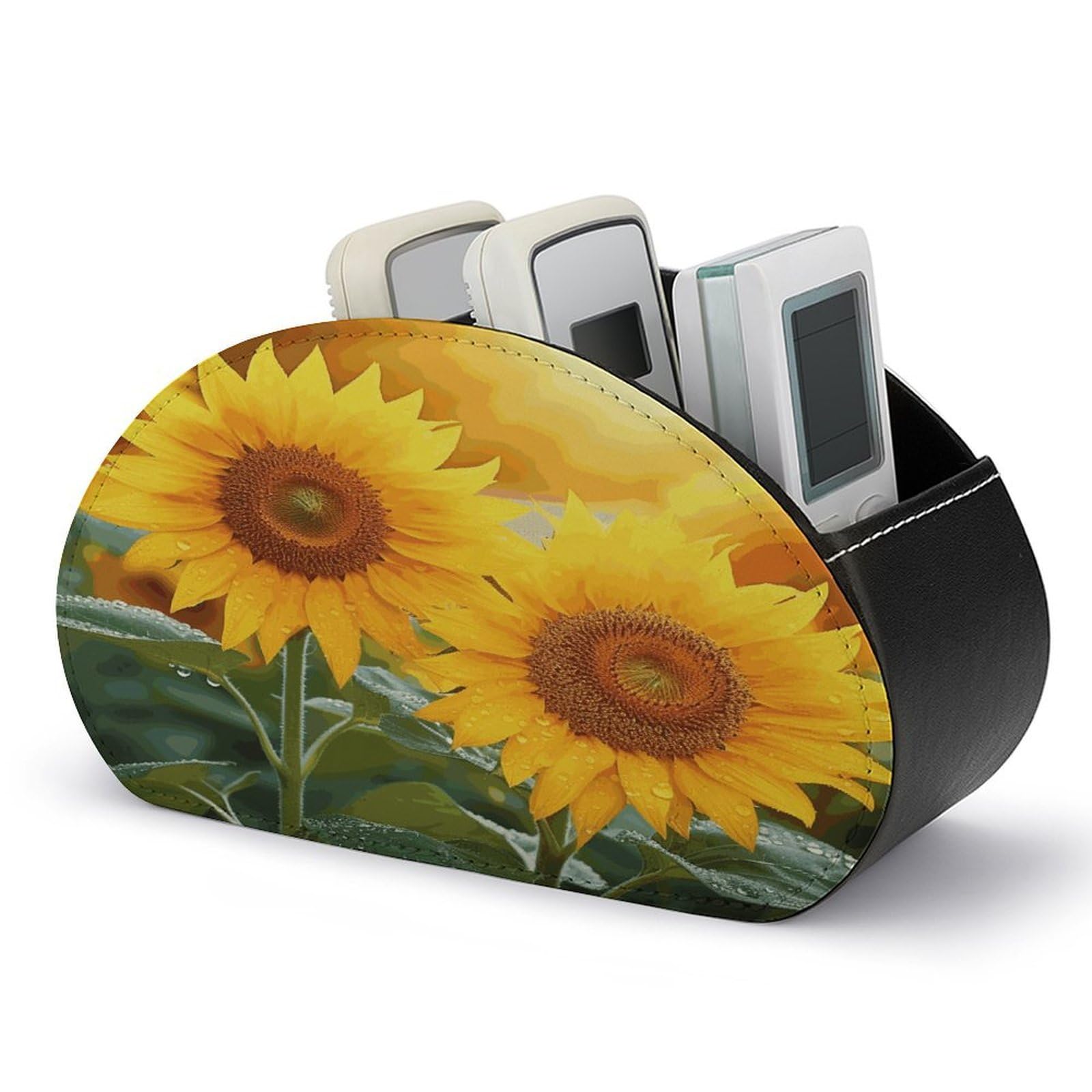 FekiLoot Sunflower Flowers Remote Control Holder, PU Leather Remote Control Organizer Box Stationery Remote Control Box Desk Storage Organizer for DVDs,Glasses,Pens,Media Players