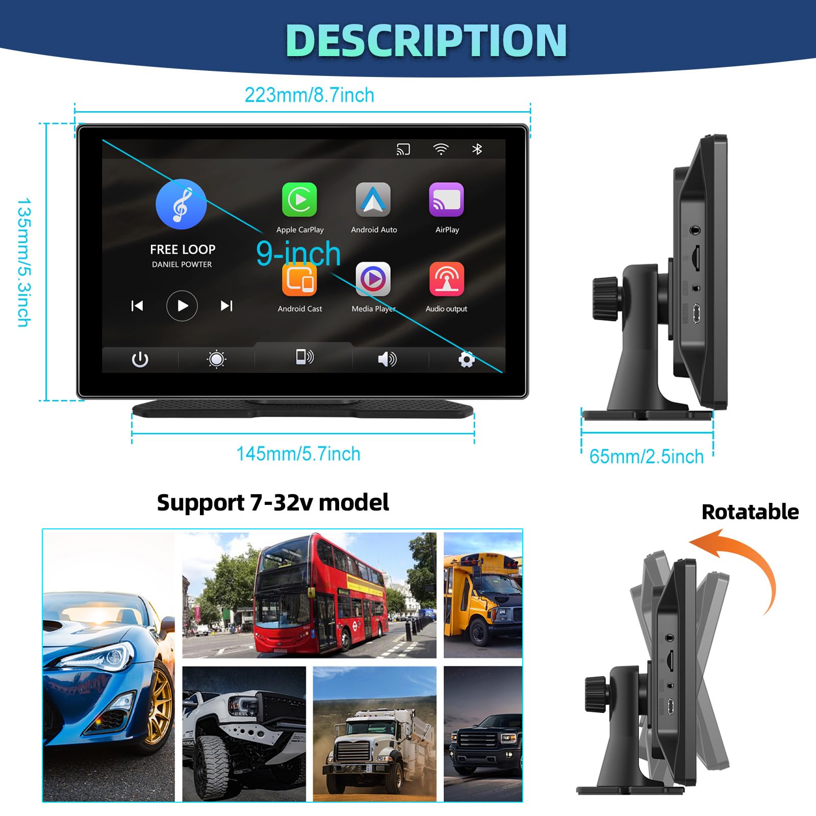 Autoradio Portatile con Touchscreen IPS da 9" di Grandi dimensioni con A-pple Carplay e Android Auto, Podofo Carplay con Trasmettitore Bluetooth/FM per Auto/SUV/Furgoni/Pick-up e Camion, 7V-32V