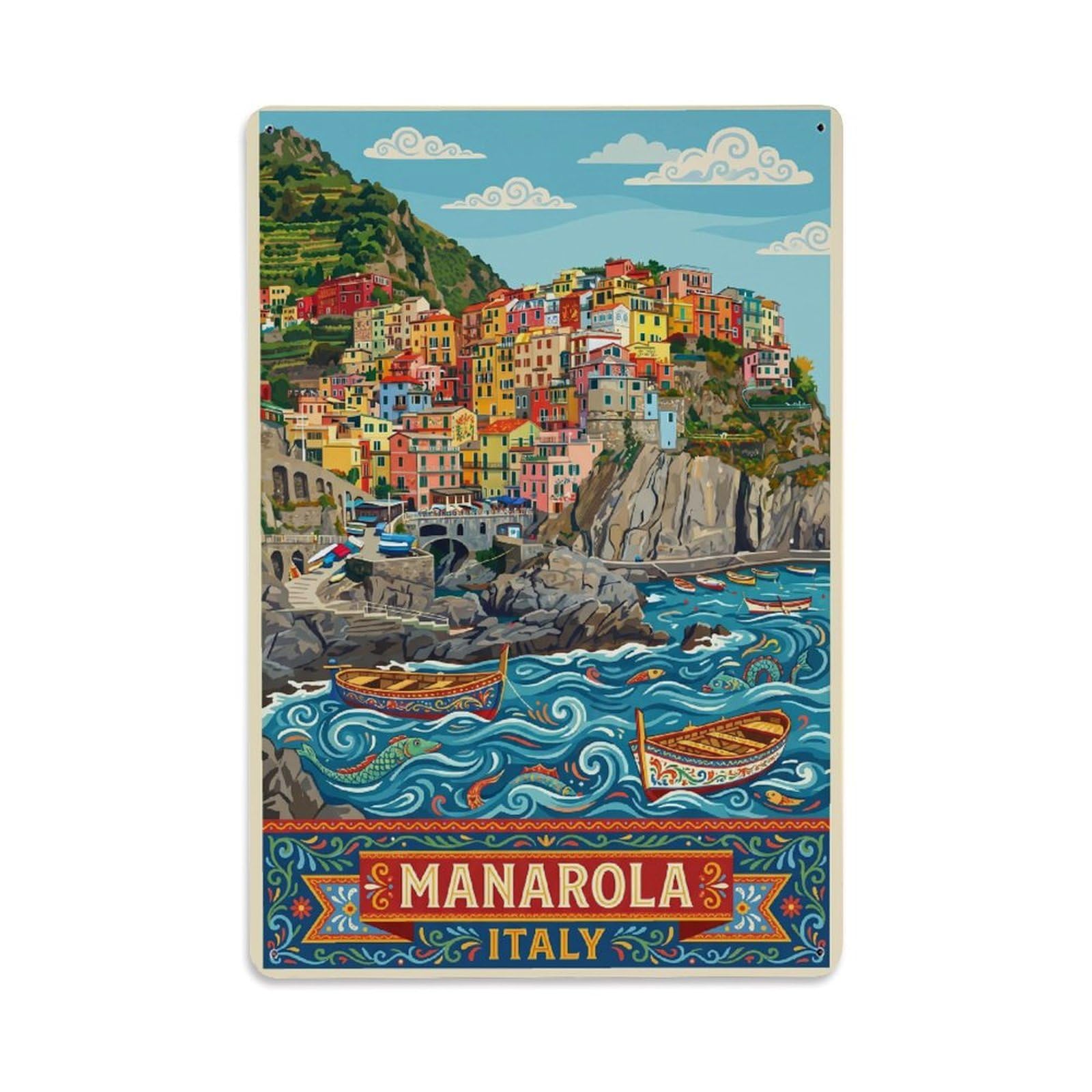 Huiyhb 8X12inch(20X30cm) Vintage Travel Manarola Italy Folk Metal Tin Sign
