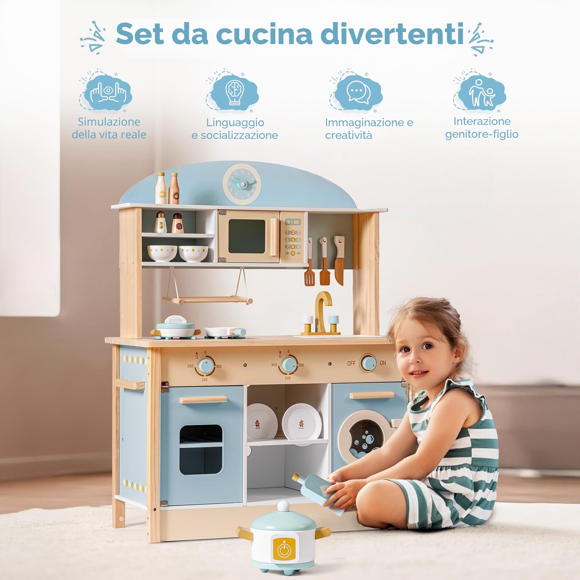 ROBUD Cucine da gioco in legno per bambini e bambini piccoli, accessori da cucina per bambole con forno a microonde, lavatrice, cuoci riso, stoviglie; regali dai 3 anni in su