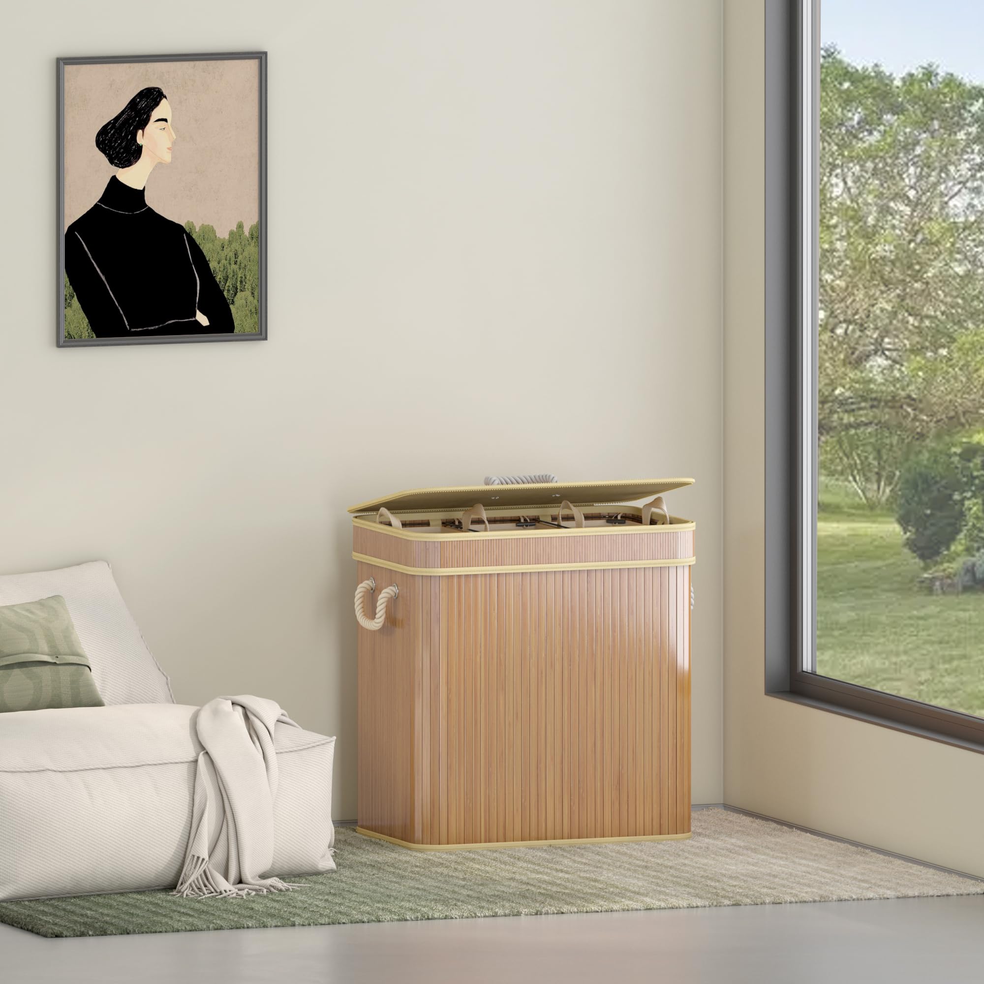 AdelDream Wäschekorb 150L, 3 Fächer Wäschesammler mit Deckel, Bambusoptik | Wäschesortierer 3 x 50L, 3 einzeln herausnehmbare Säcke, faltbar, Naturfarbe