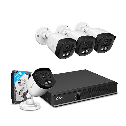 QSEE 8CH 5MP Home Security Camera System, 4pcs Wired 5MP Cameras H.265 IP67 Waterproof with Human Vehicle Detection, DVR for 24-7 Recording, Color Night Vision, Remote Access