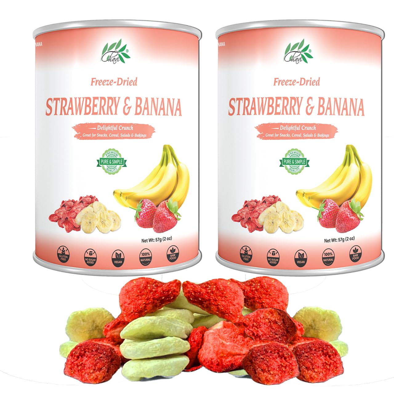 CHAVI Freeze-Dried Strawberry Banana - Pack of 2 x 2 oz - Healthy 1 Ingredient Superfood - No Added Sugars or Preservatives - Non-GMO, Vegan, Gluten-Free | Long Shelf Life | 2 Cans