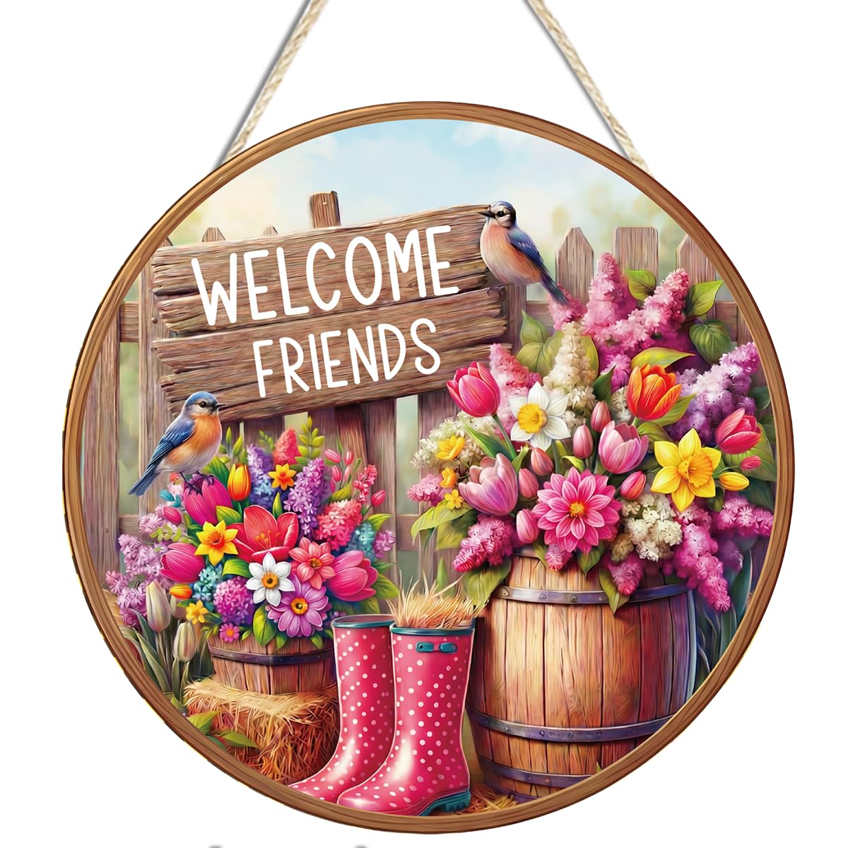 Welcome Friends Floral Metal Hanging Front Door Sign Wall Decor | Vibrant Clolorful Floral Design/For Home Porch Farmhouse/Ready To Hang/12 × 12 inches