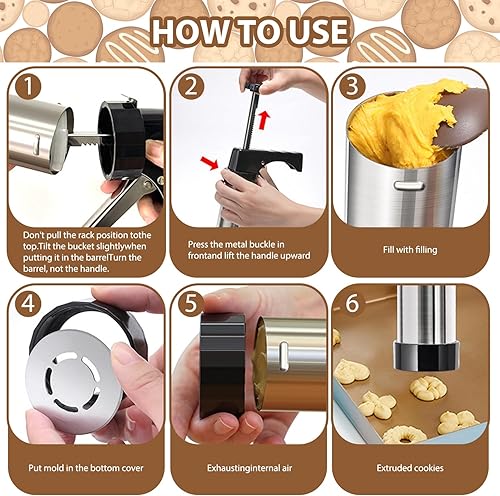 Miniatura 4 de Quimoy Prensa de galletas de acero inoxidable, kit de pistola de prensa de galletas con 13 discos de galletas y 8 puntas de tuberías, accesorios