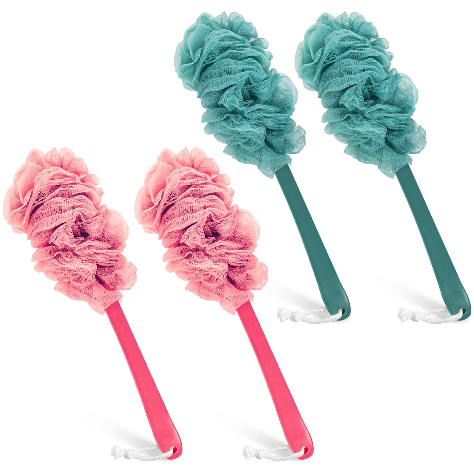Qewro Loofah on a stick per doccia, 4 pezzi di scrubber posteriore per doccia, corpo esfoliante con manico lungo, spugna luffa da uomo accessori da bagno per donna